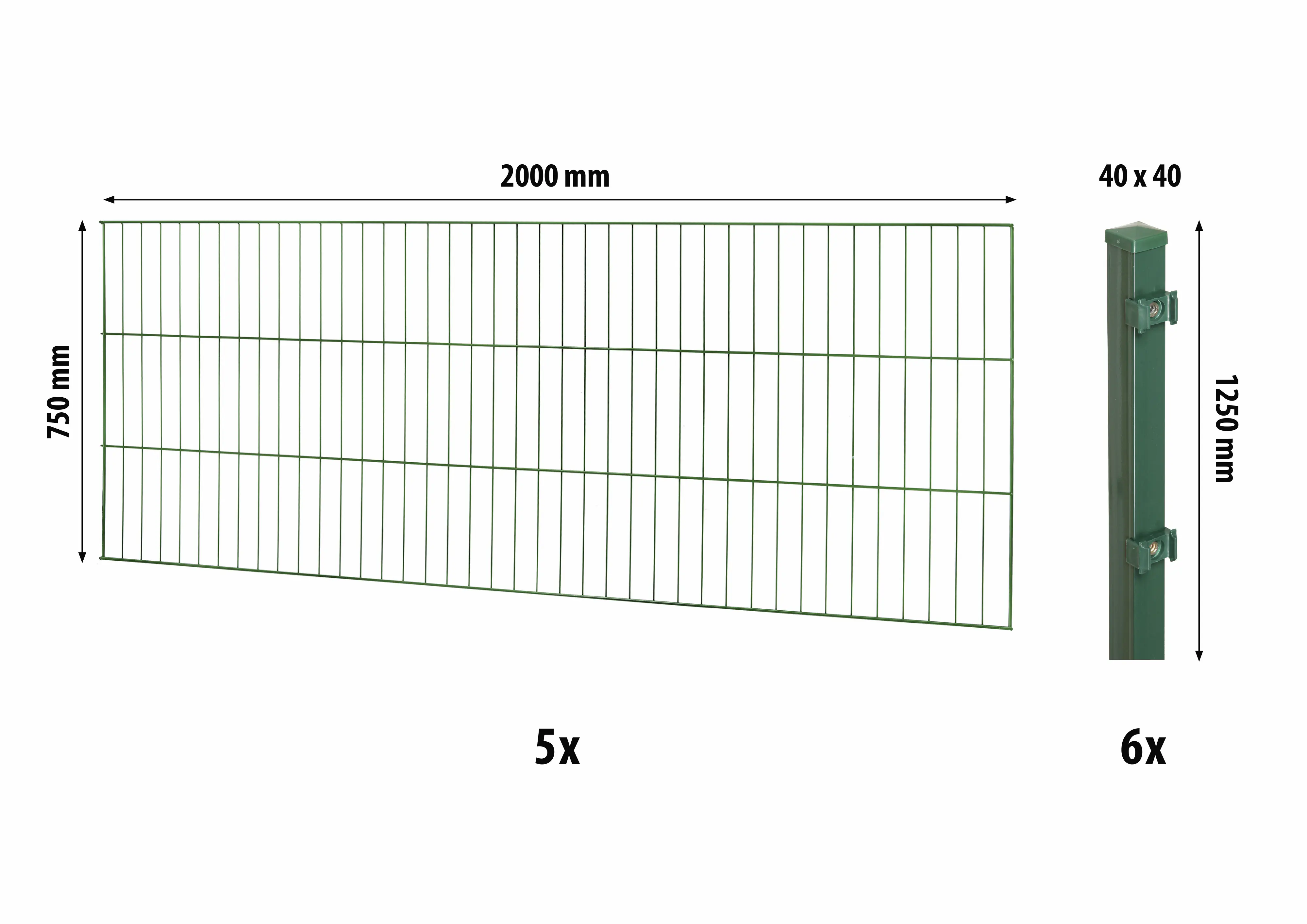 Floraworld Einstabmatten-Zaun Set Classic 10 m 200 x 75 cm inkl. 6 Pfosten 125 cm moosgrün