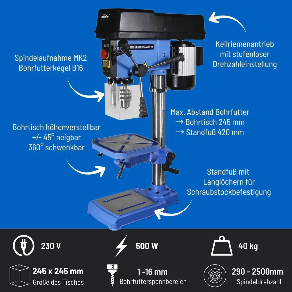 Güde Tischbohrmaschine GTB 16/500 Vario 500 W Digitaldisplay Laser