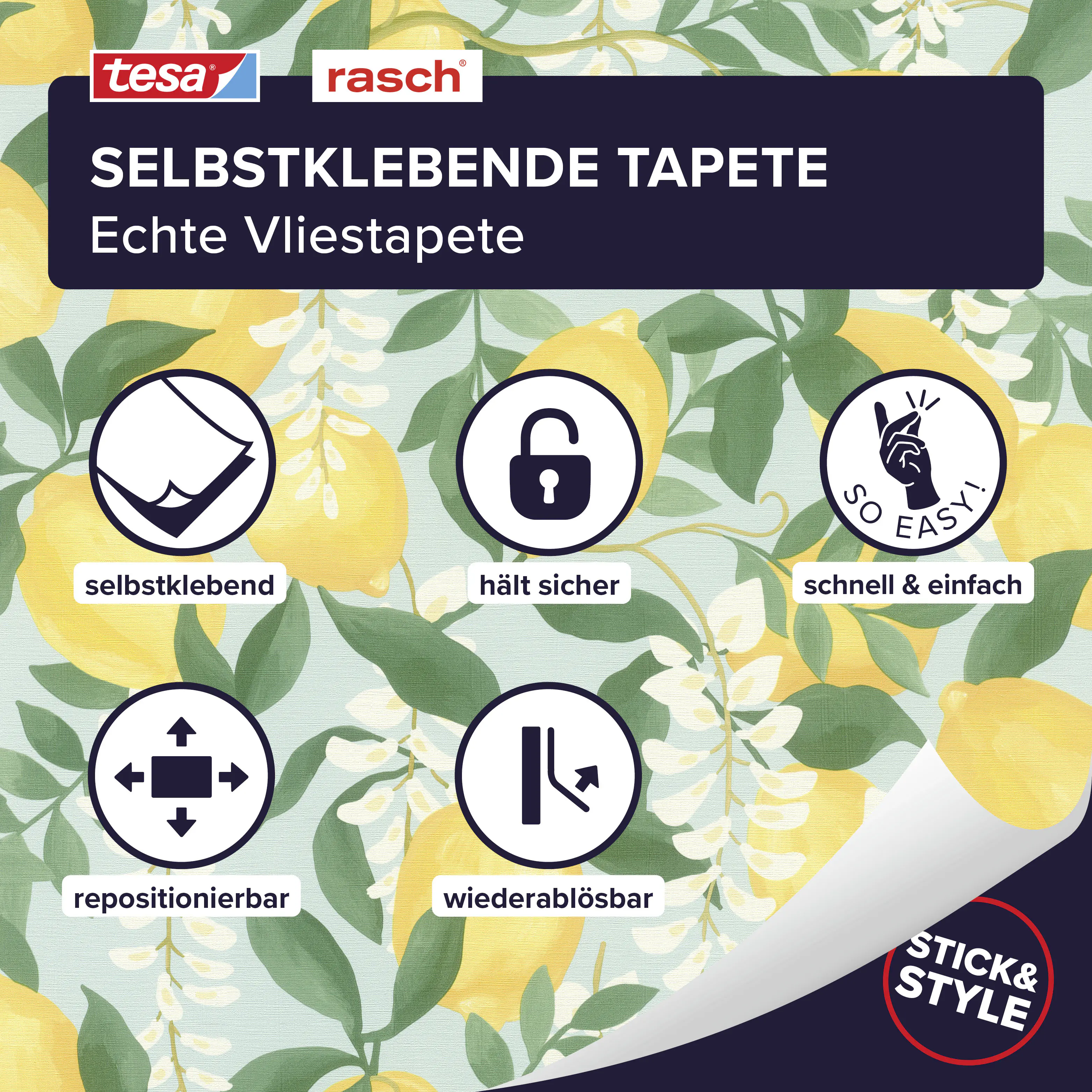 Tesa x Rasch selbstklebende Tapete Portofino Zitronen gelb grün 6 x 0,53 m 