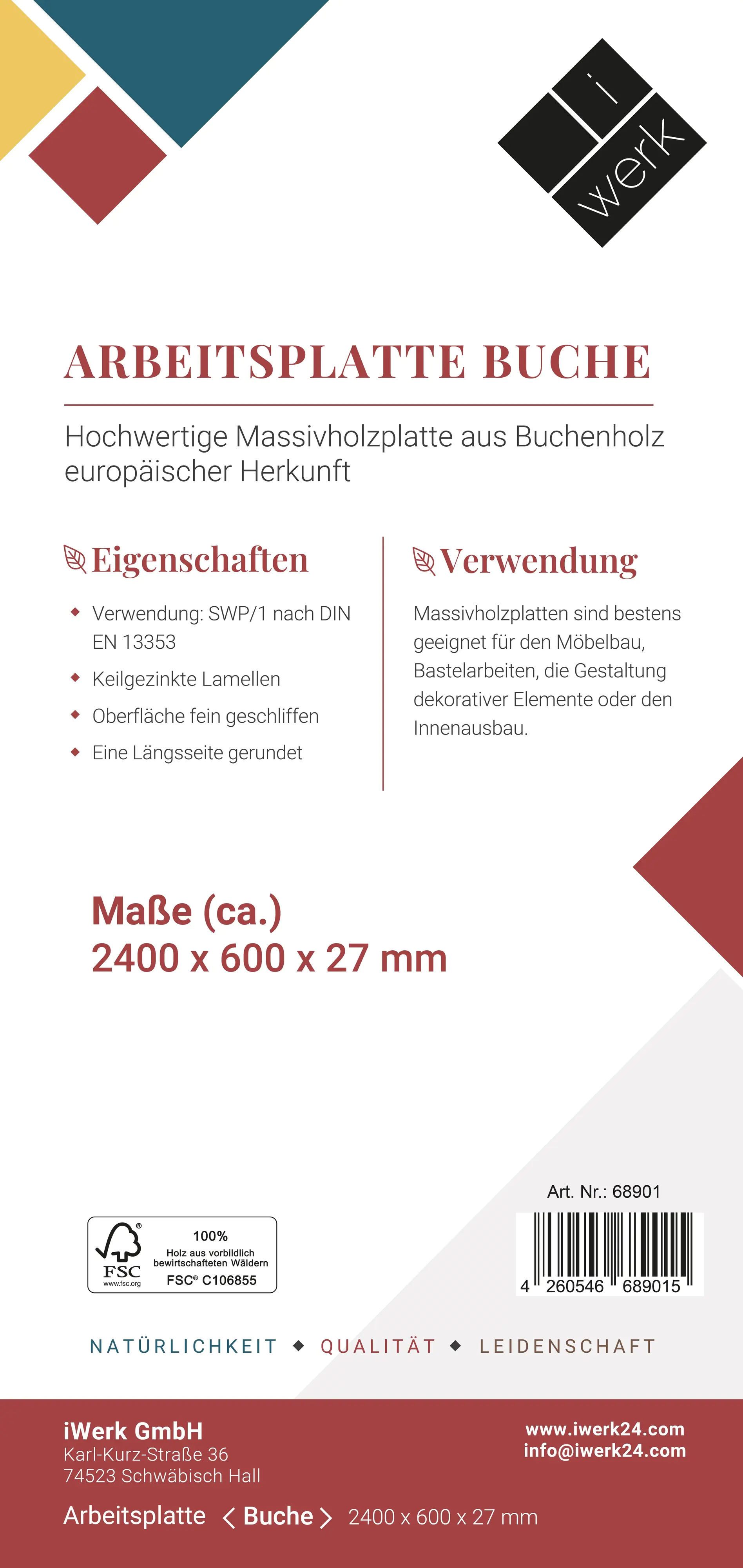 Arbeitsplatte Buche massiv 240 x 60 x 2,7 cm geschliffen