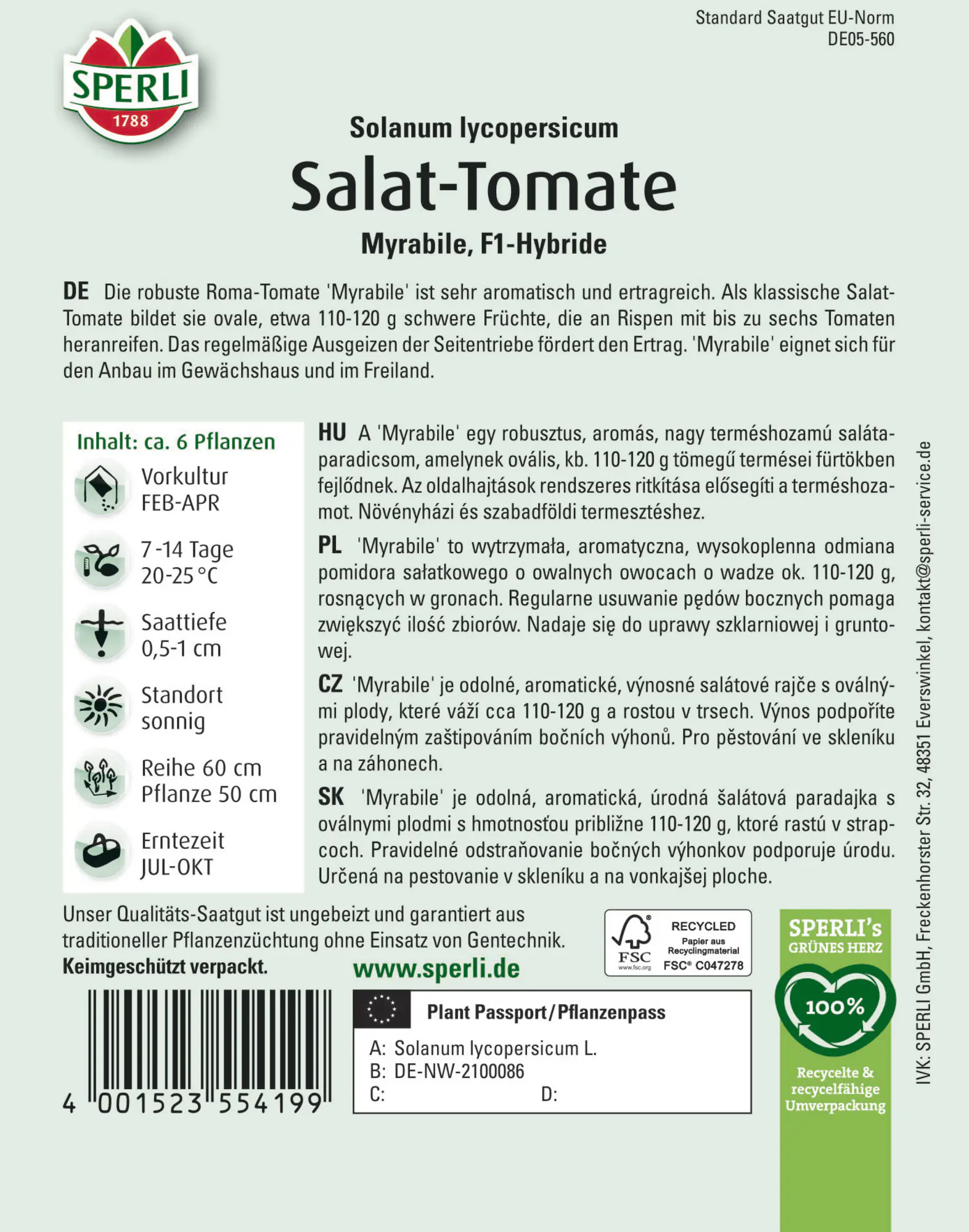 Sperli Saatgut Roma-Tomate Myrabile F1 7 Körner