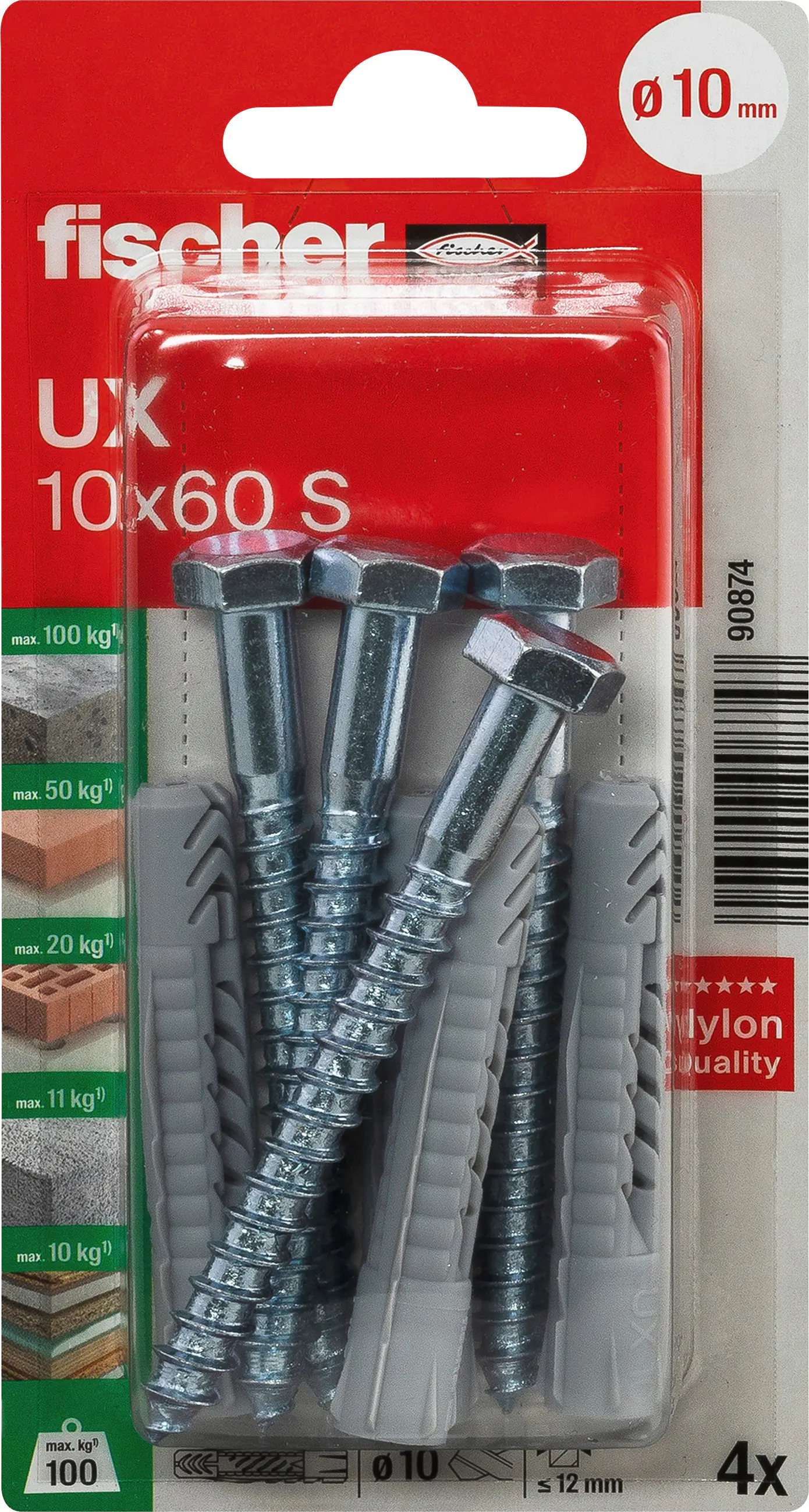 Fischer Universaldübel UX 10 x 60 mm mit Schraube - 4 Stück