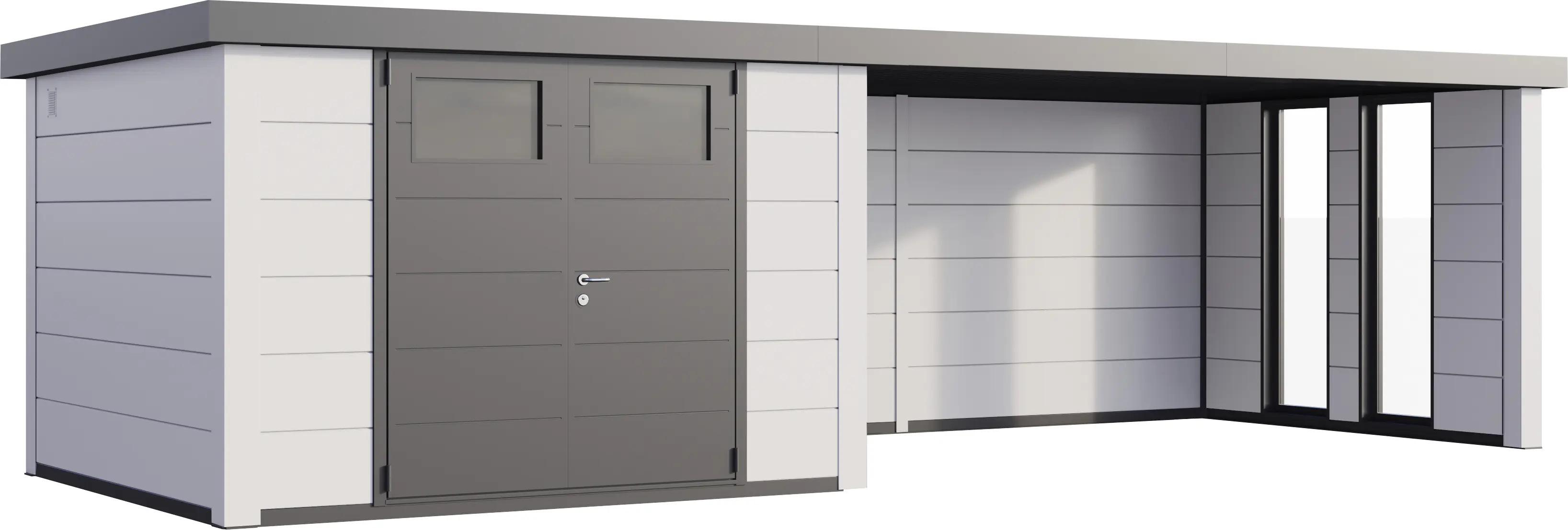 Telluria Gerätehaus Classico Lounge XL mit Fenstern 3030 rechts EW weiß 762 x 298 cm