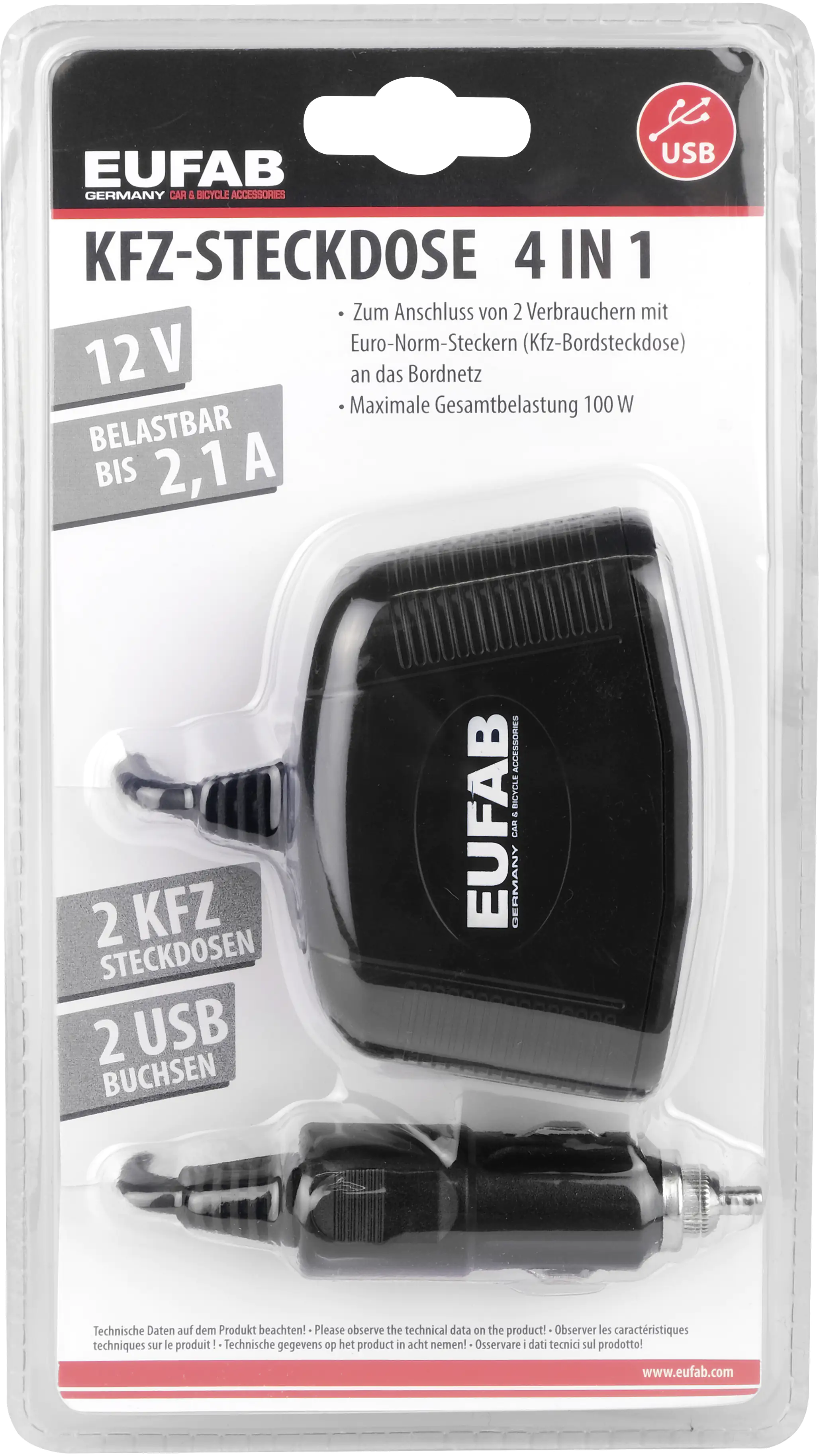 EUFAB Kfz-Steckdose 4in1 12V 75cm