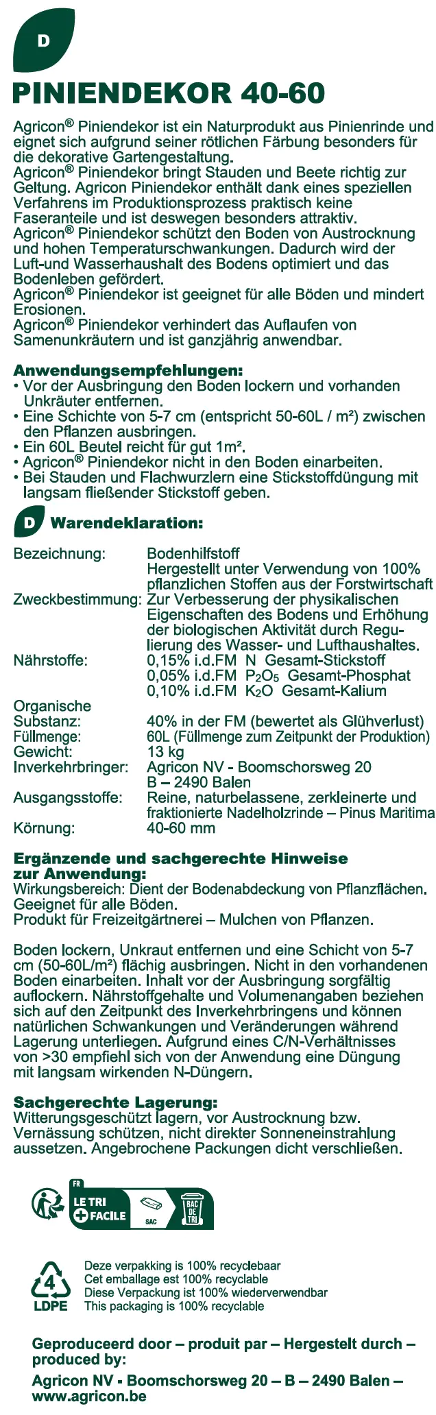 Agricon Pinienrinde Excellent 40 - 60 mm Körnung 60 L 