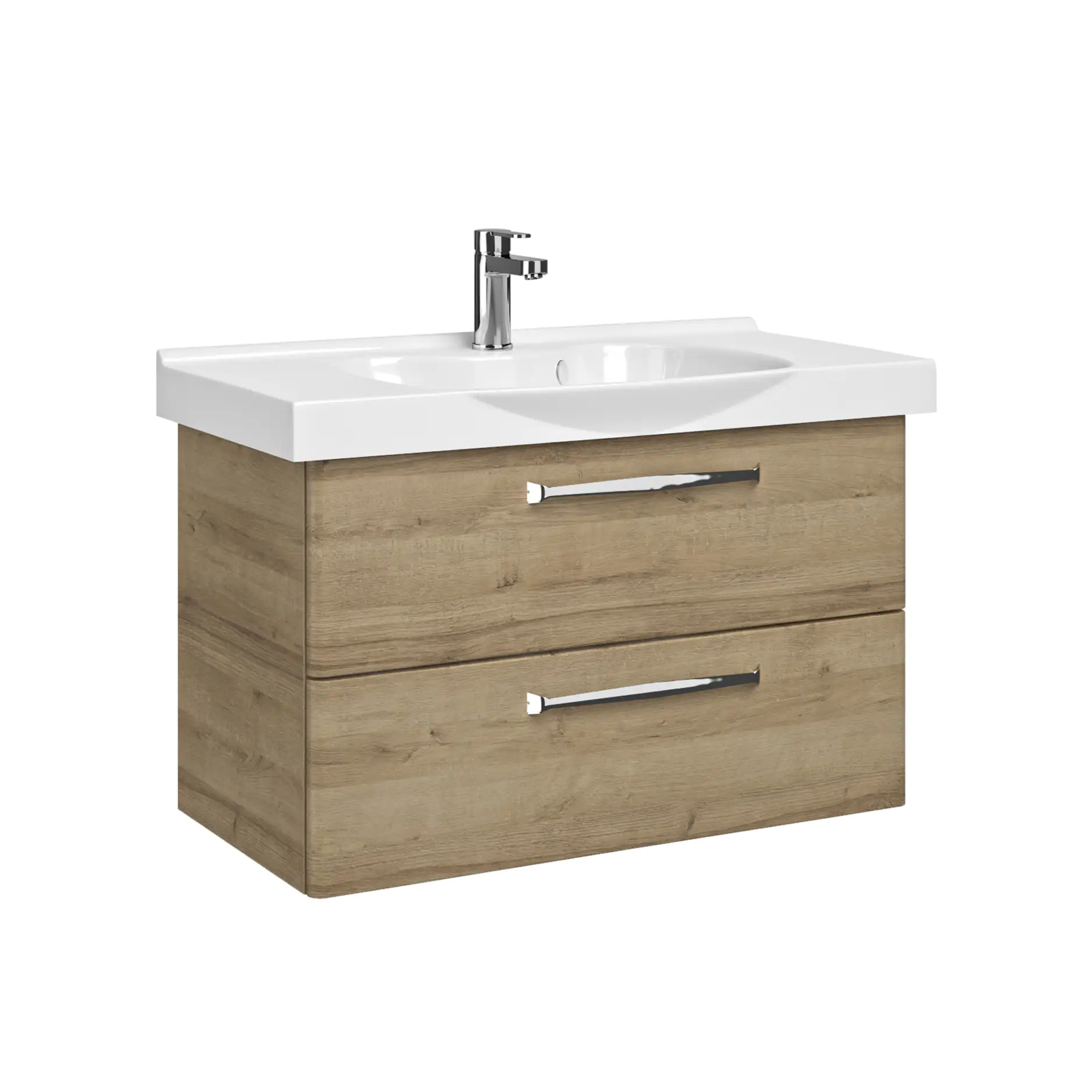 Pelipal Badmöbel-Set Trentino Riviera Eiche quer mit Keramik-Waschtisch + 3D-Spiegelschrank 92 cm
