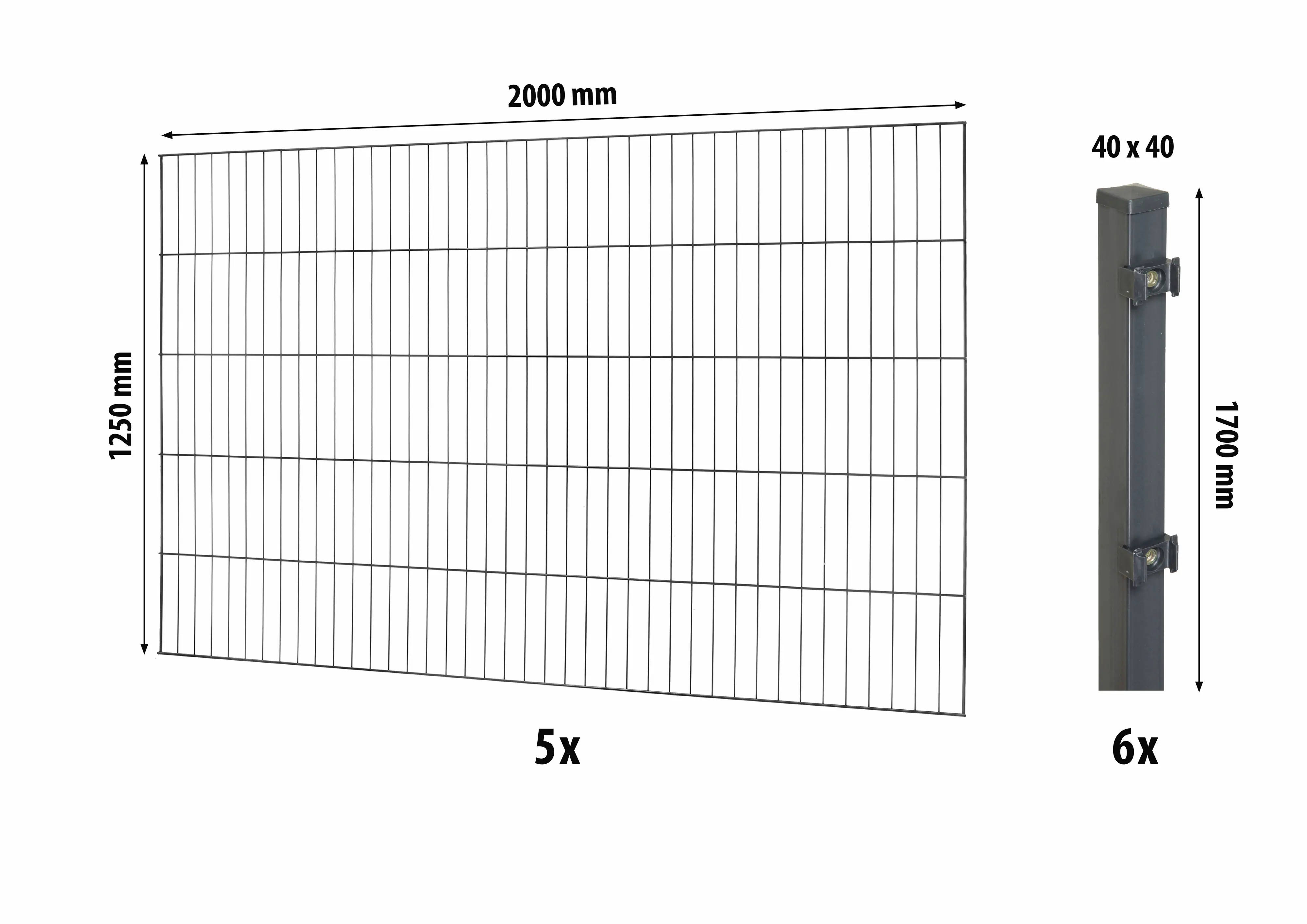 Floraworld Einstabmatten-Zaun Set Classic 10 m 200 x 125 cm inkl. 6 Pfosten 170 cm anthrazit