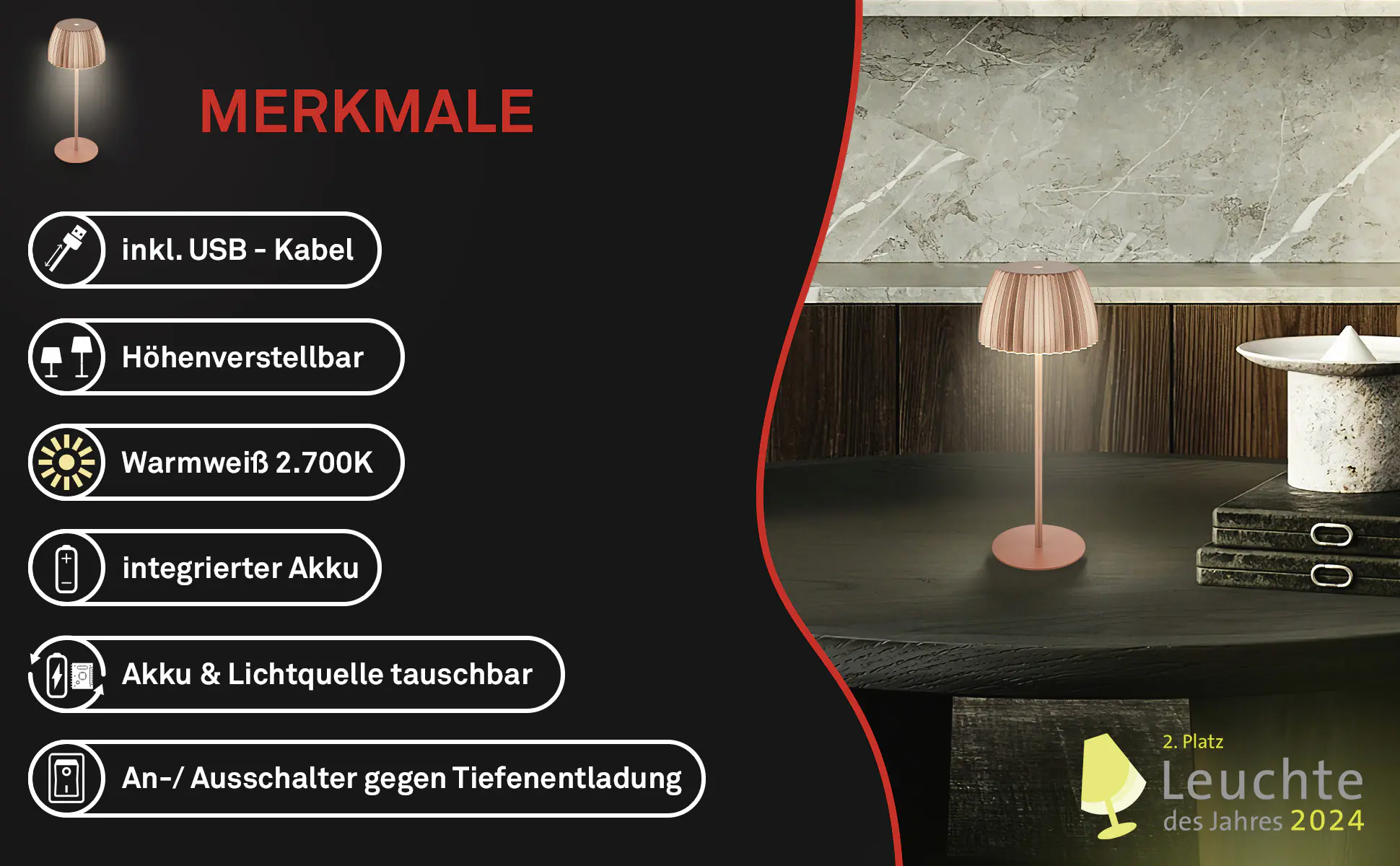Briloner LED-Tischleuchte Riffle mit Akku kupfer dimmbar