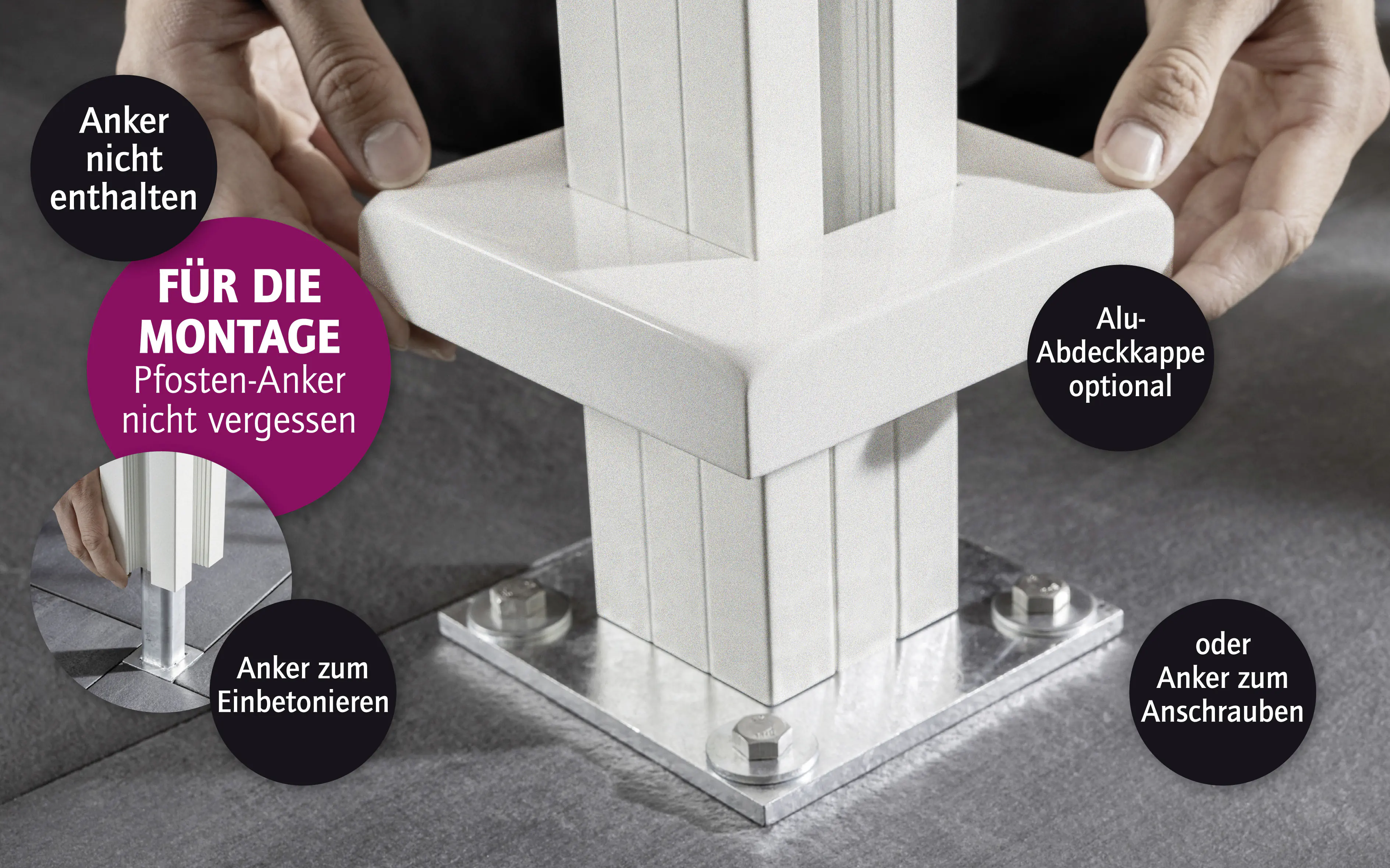 Ambiente Aluminium-Pfosten 127 cm, 68 x 68 mm, Verkehrsweiß Struktur 9016