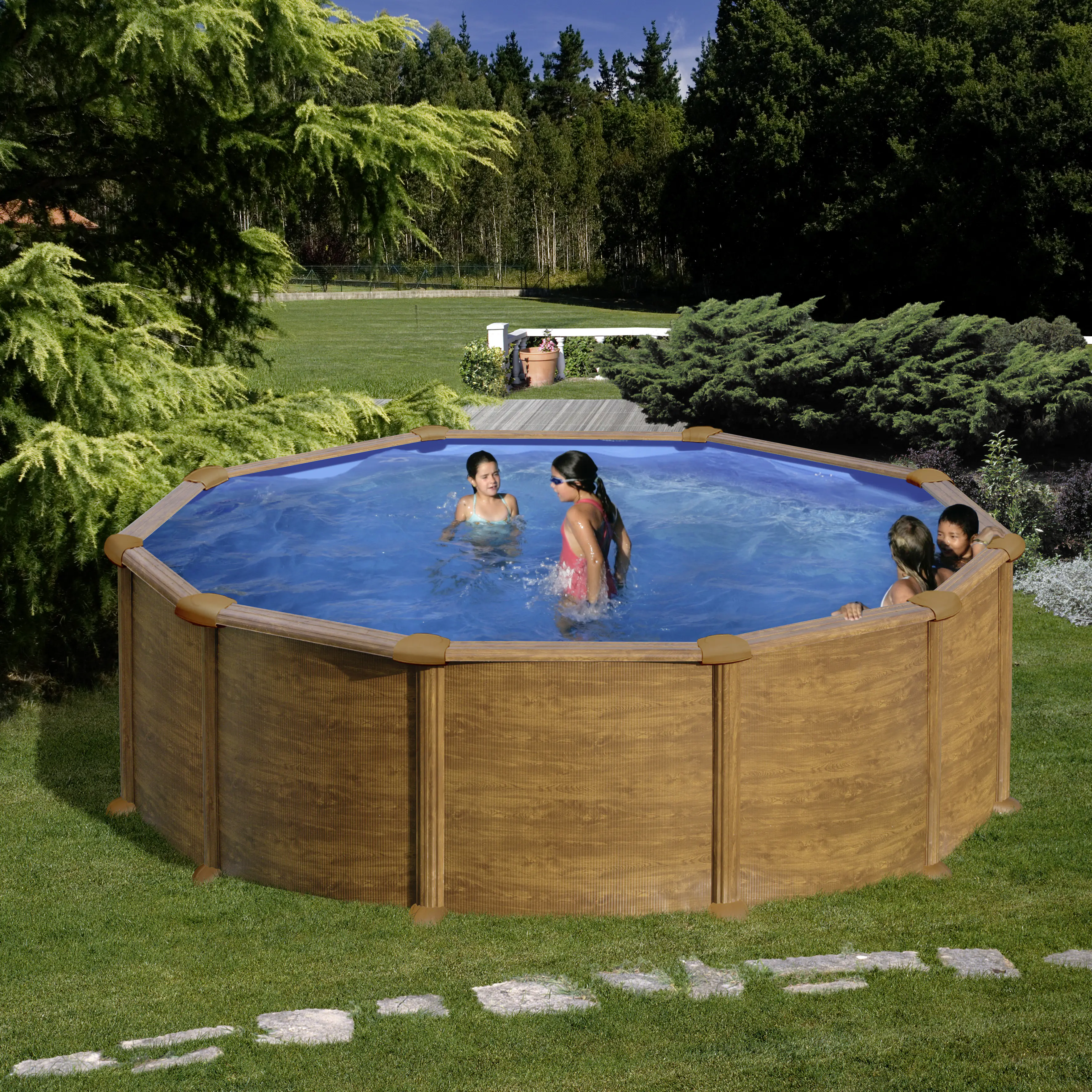 Gre Stahlwandpool Mauritius rund Ø 460 x 132 cm Holzdekor