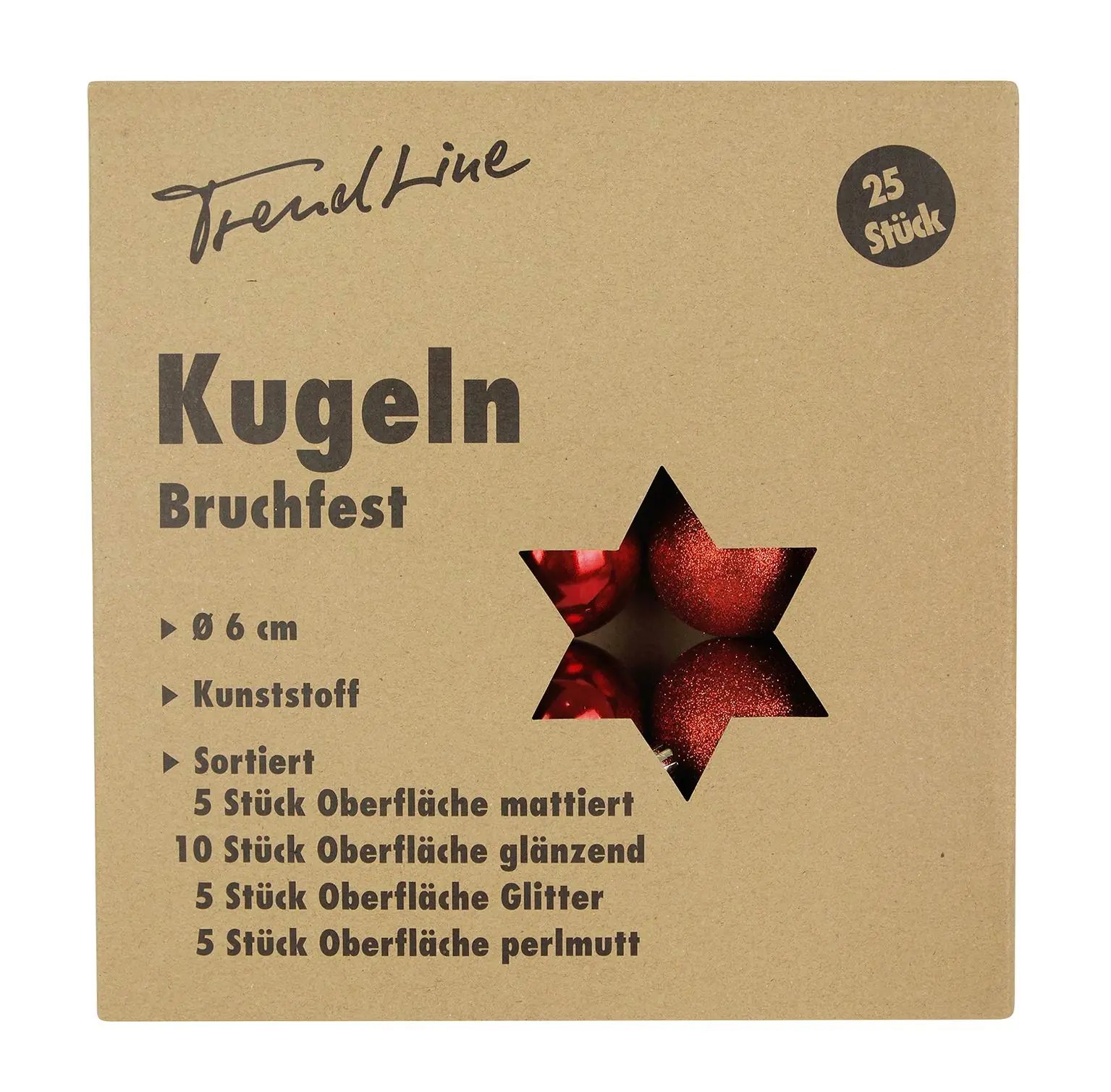 TrendLine Weihnachtskugeln bruchfest, langlebig Ø 6 cm rot 25 Stück