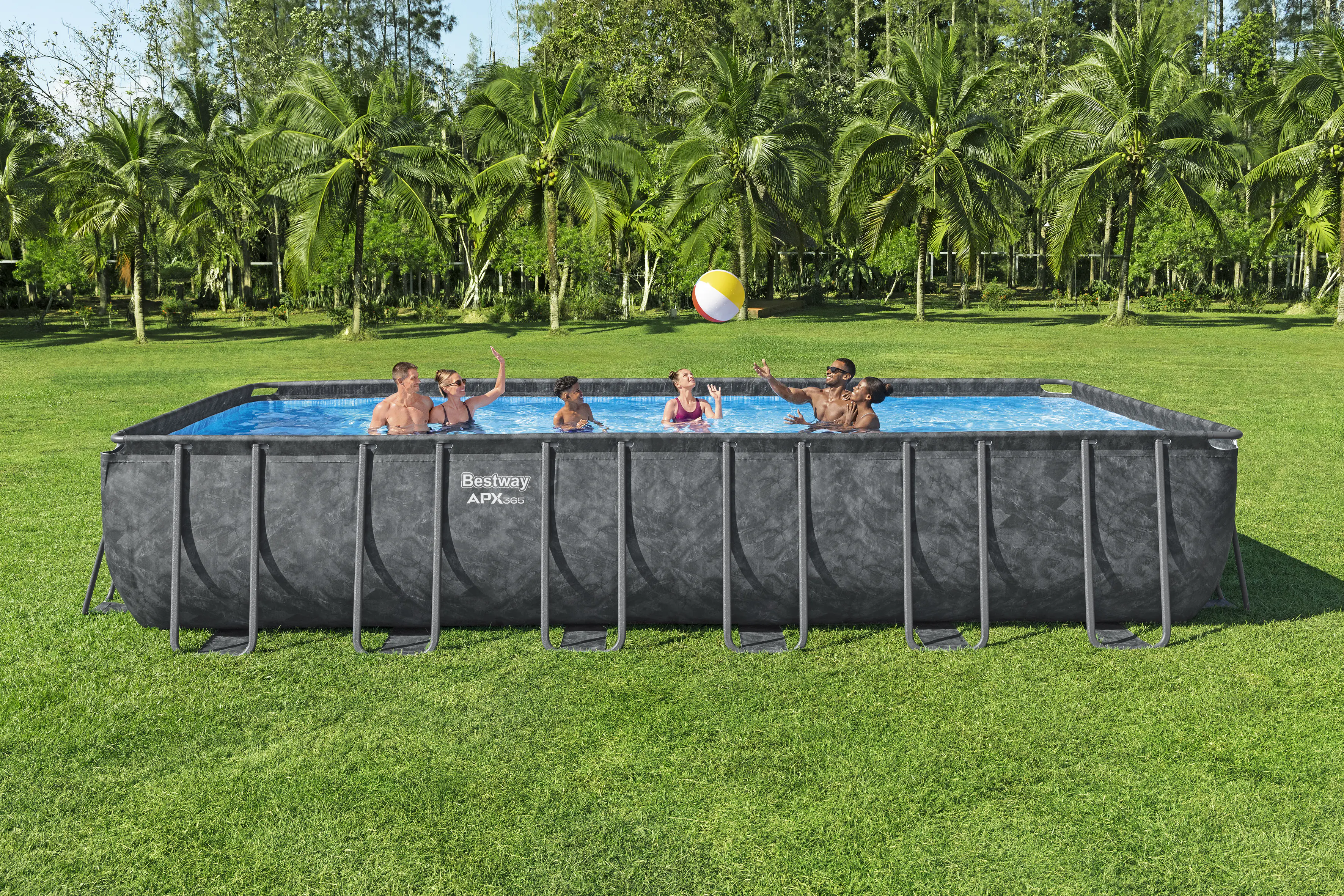 Bestway Winterfestes Frame Pool APX365 Komplett-Set mit Sandfilteranlage 732 x 366 x 132 cm marmor-optik eckig