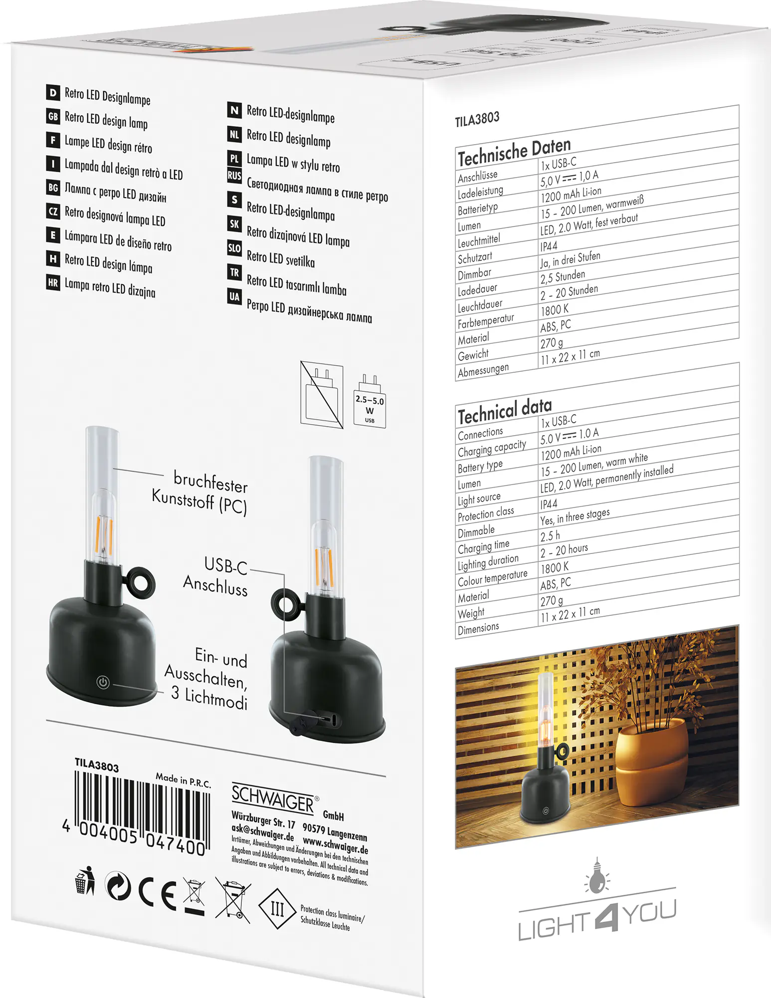 Schwaiger Akku LED Retro Tischlampe  TILA3803 schwarz
