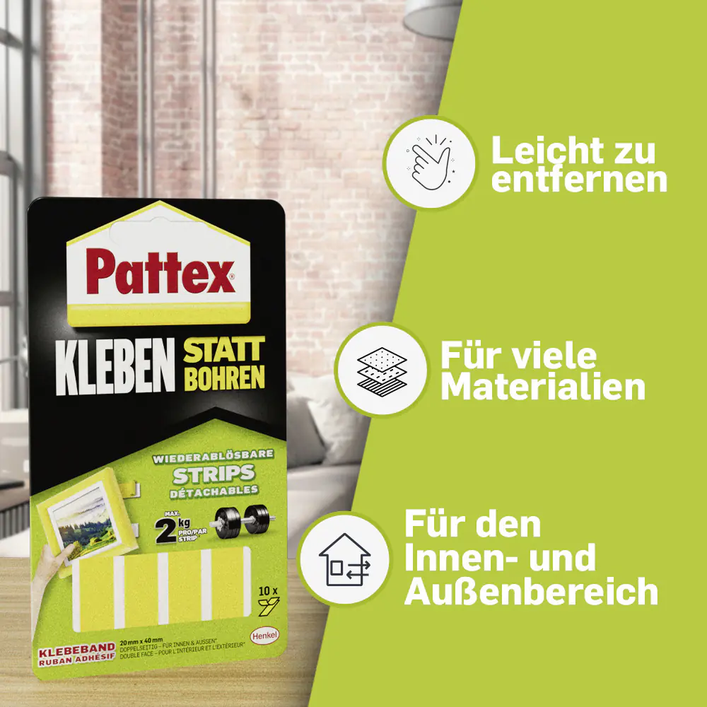 Pattex Kleben statt Bohren Klebe-Strips 10 Klebestreifen je 20 x 40mm, weiß