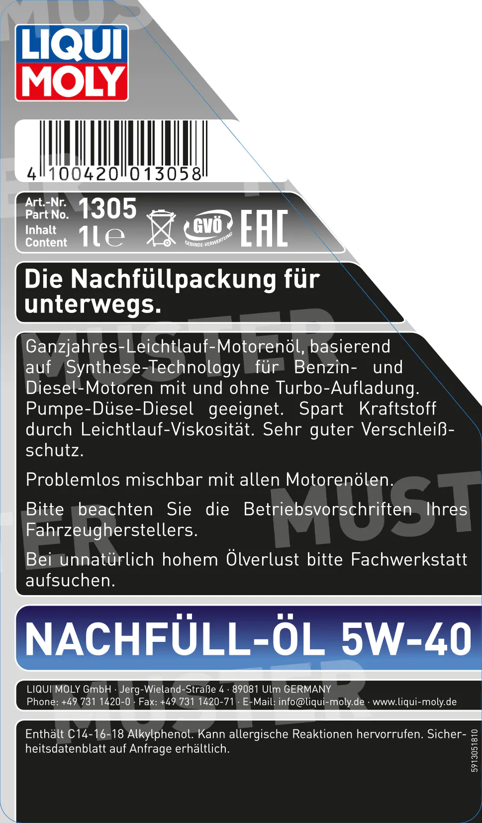 Liqui Moly Motoröl 5W-40 Nachfüll-Öl 1 L
