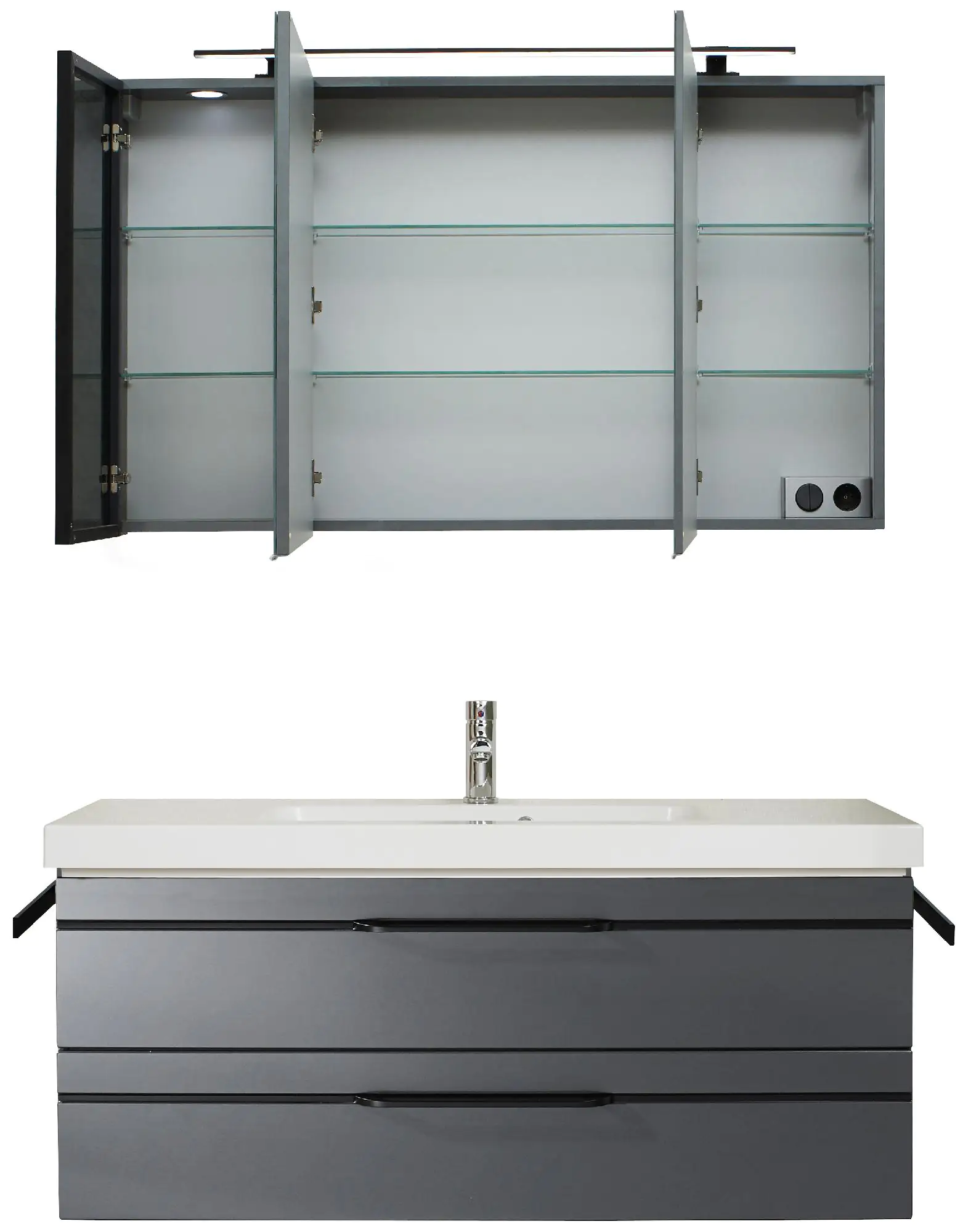 Pelipal Badmöbel-Set Balto Anthrazit mit Mineralmarmor-Waschtisch + LED-Aufsatzleuchte 123 cm