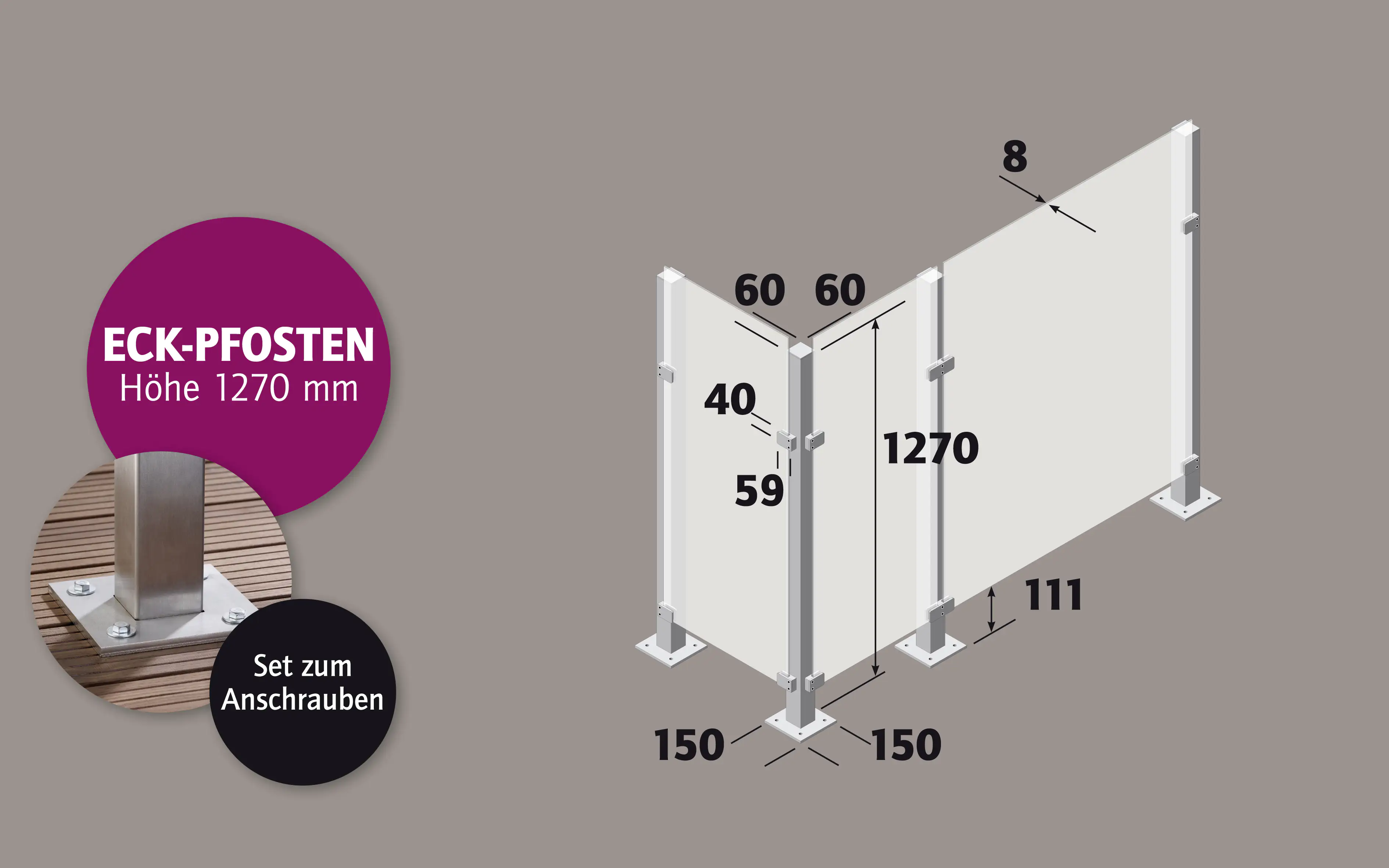 Ambiente Eckpfosten-Set zum ANSCHRAUBEN 127 cm, 60 x 60 mm, Edelstahl V2A