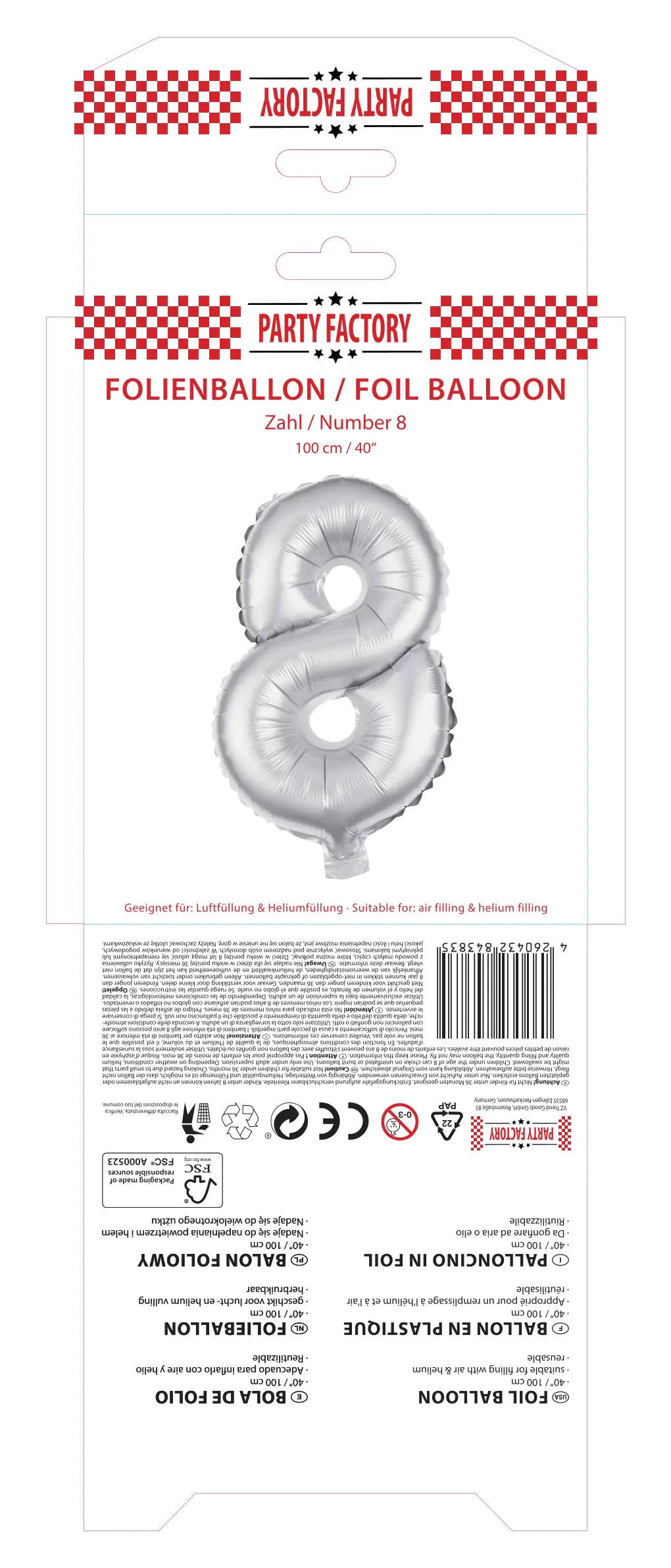 Folienballon Zahl 8 silber 100 cm