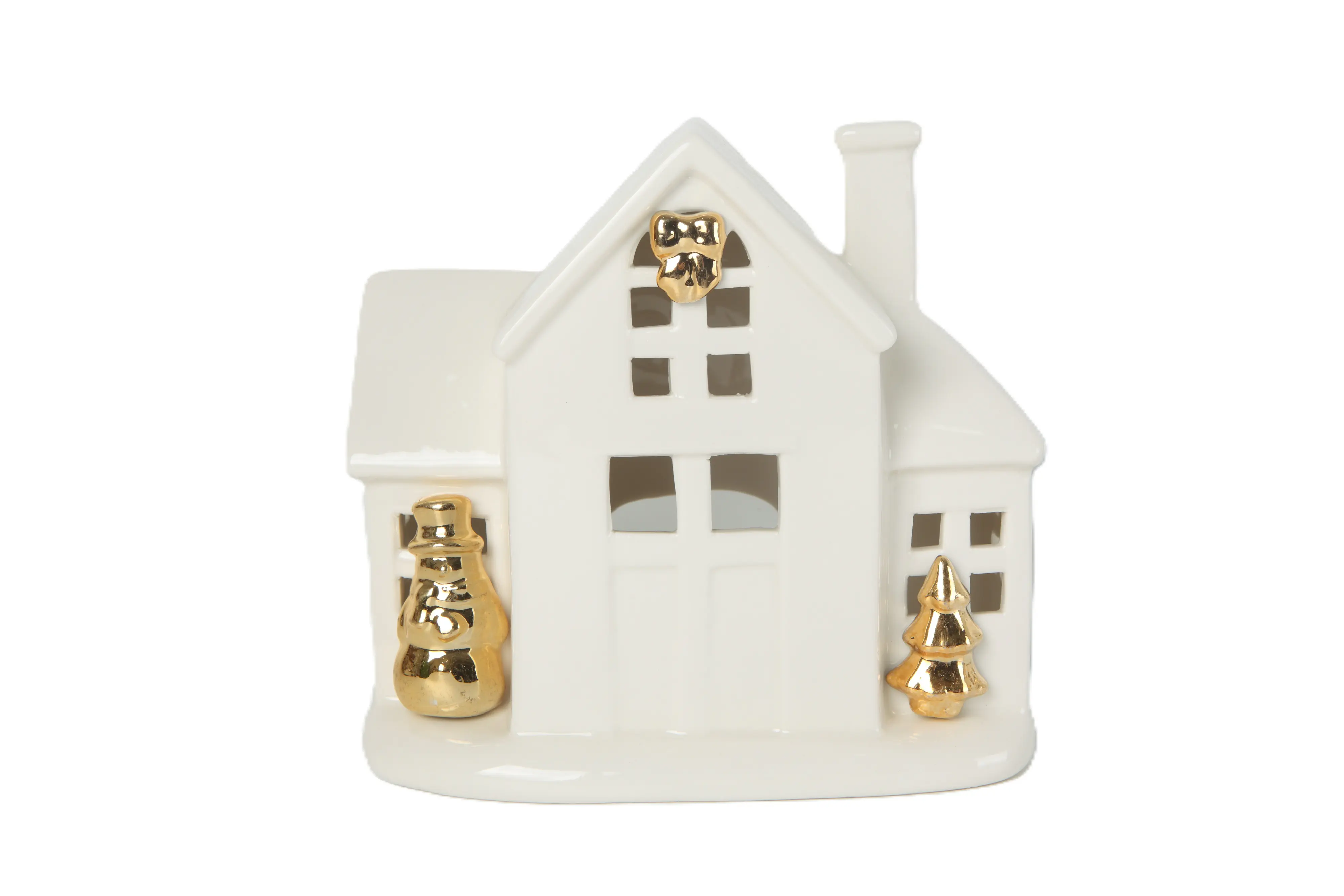 TrendLine Deko Windlicht Haus Keramik 17 x 10 x 15,5 cm weiß/gold