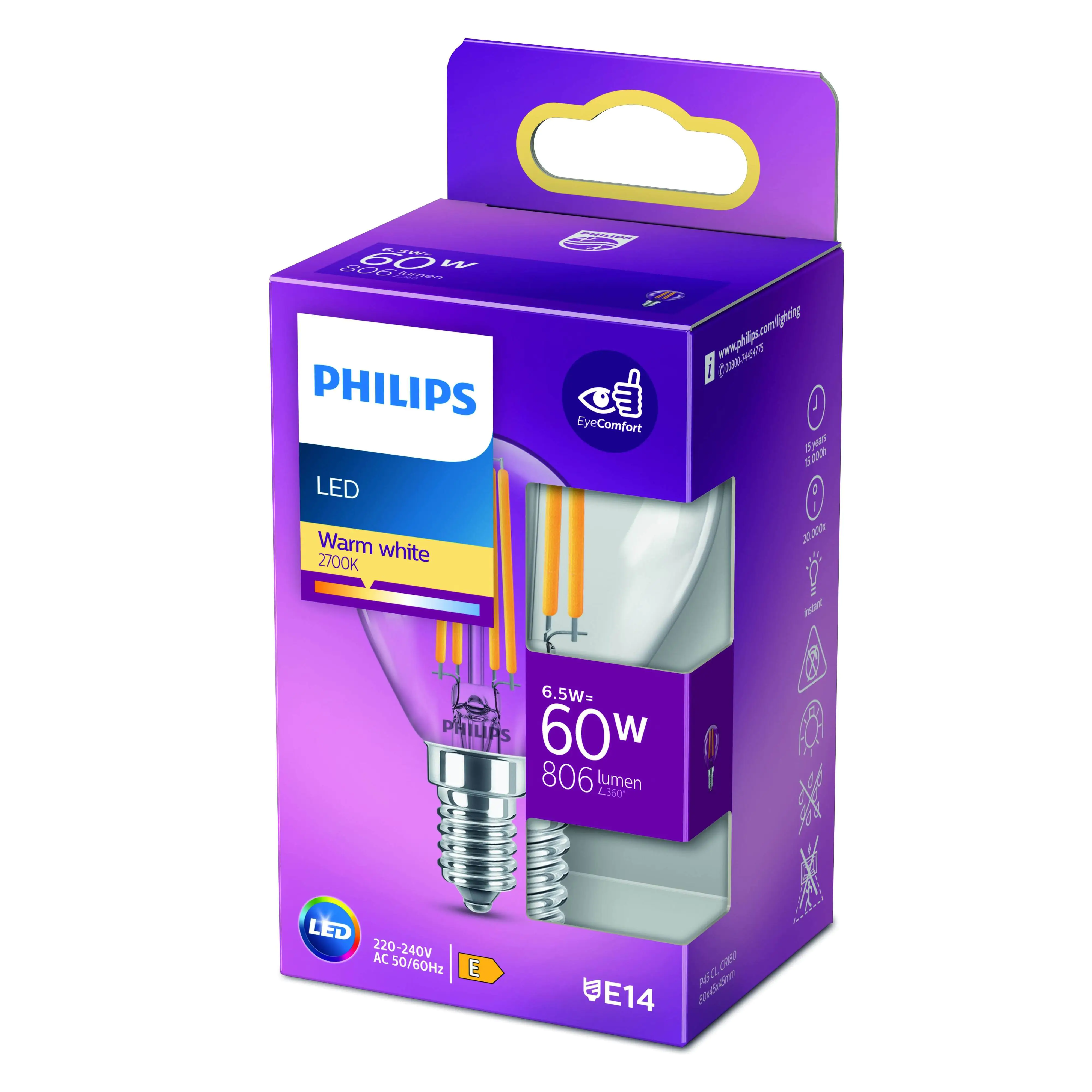 Philips LED-Leuchtmittel Filament Tropfenform P45 E14 6,5W warmweiß