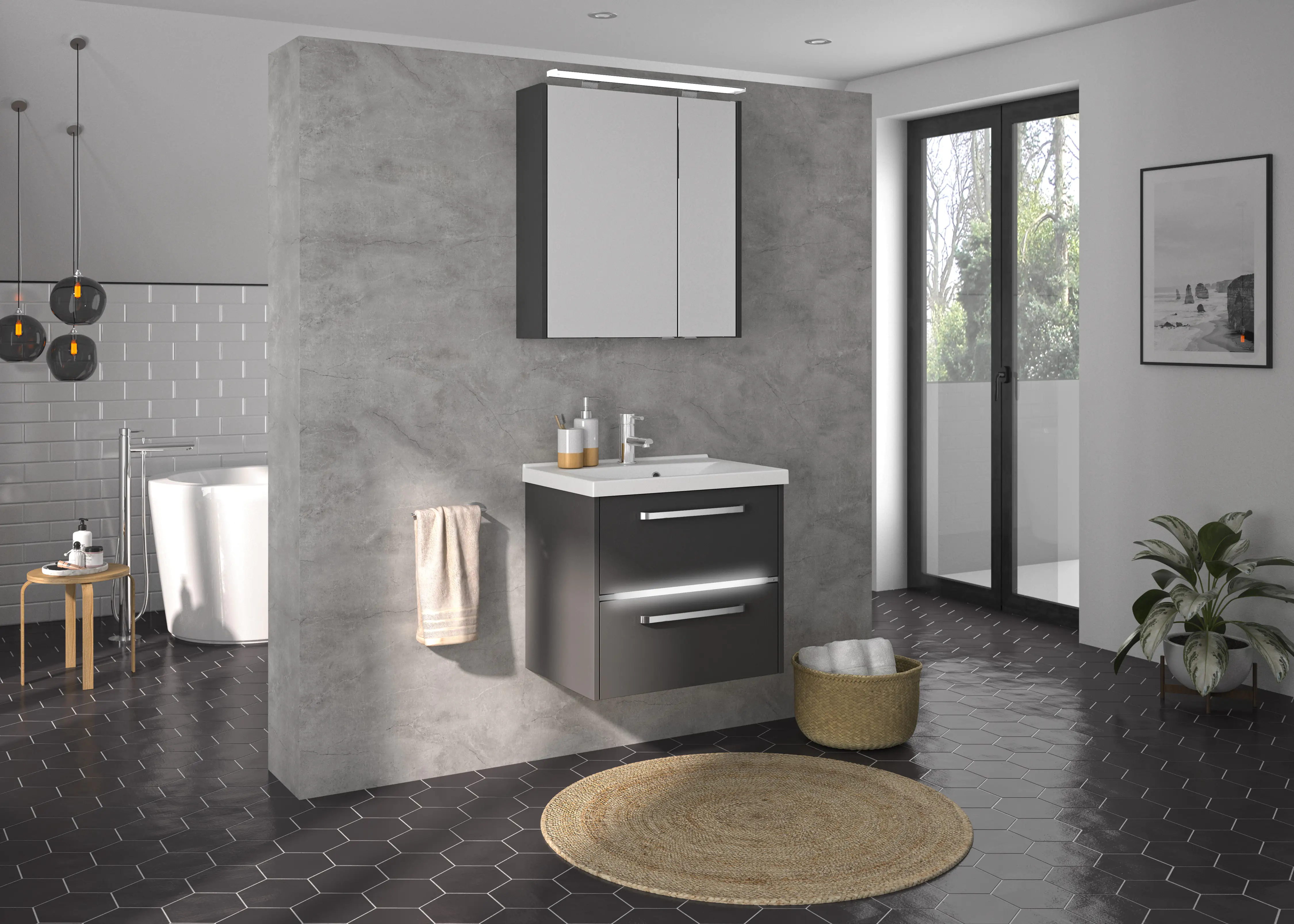 Primaster Badmöbel-Set Berlin grau 65 cm LED-Leuchten, Mineralgusswaschtisch