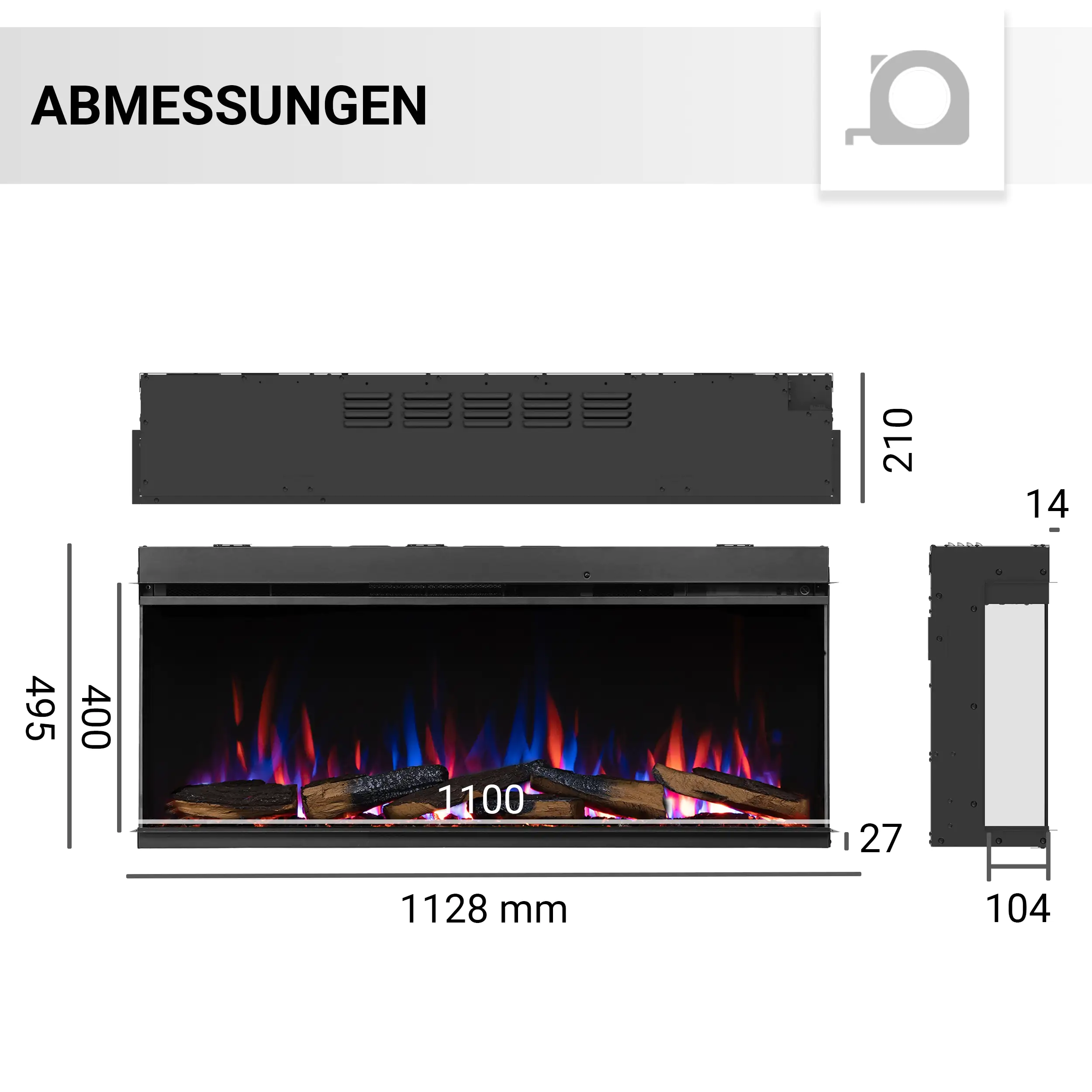 Balderia Elektrokamin schwarz Athena 44 1000/1500 Watt 49,5 x 112,8 cm