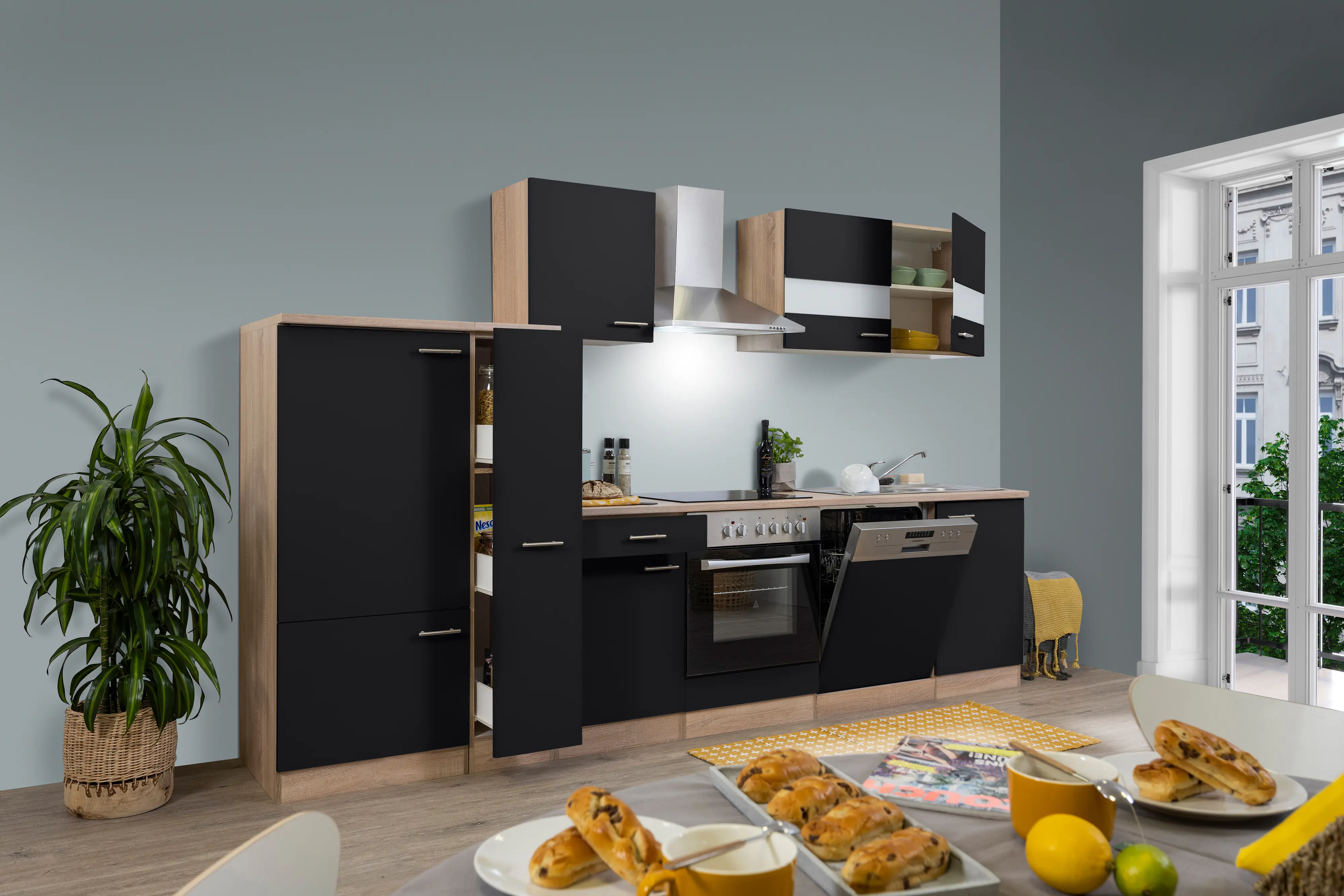 Respekta Economy Küchenblock 310 cm schwarz, Eiche Sonoma, KB310ESSC