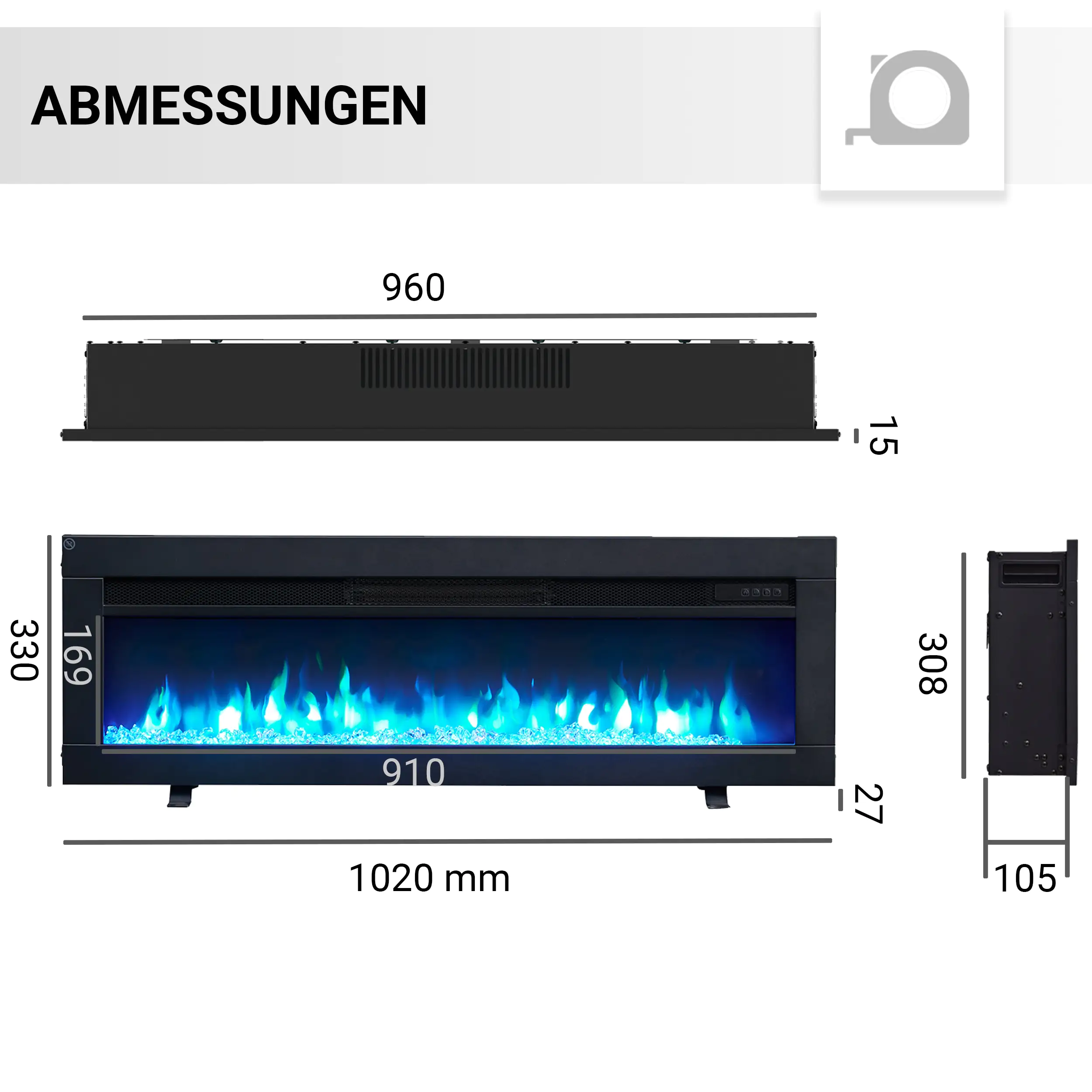 Balderia Elektrokamin schwarz Agnes 40" 1000/1800 Watt 33 x 102 cm