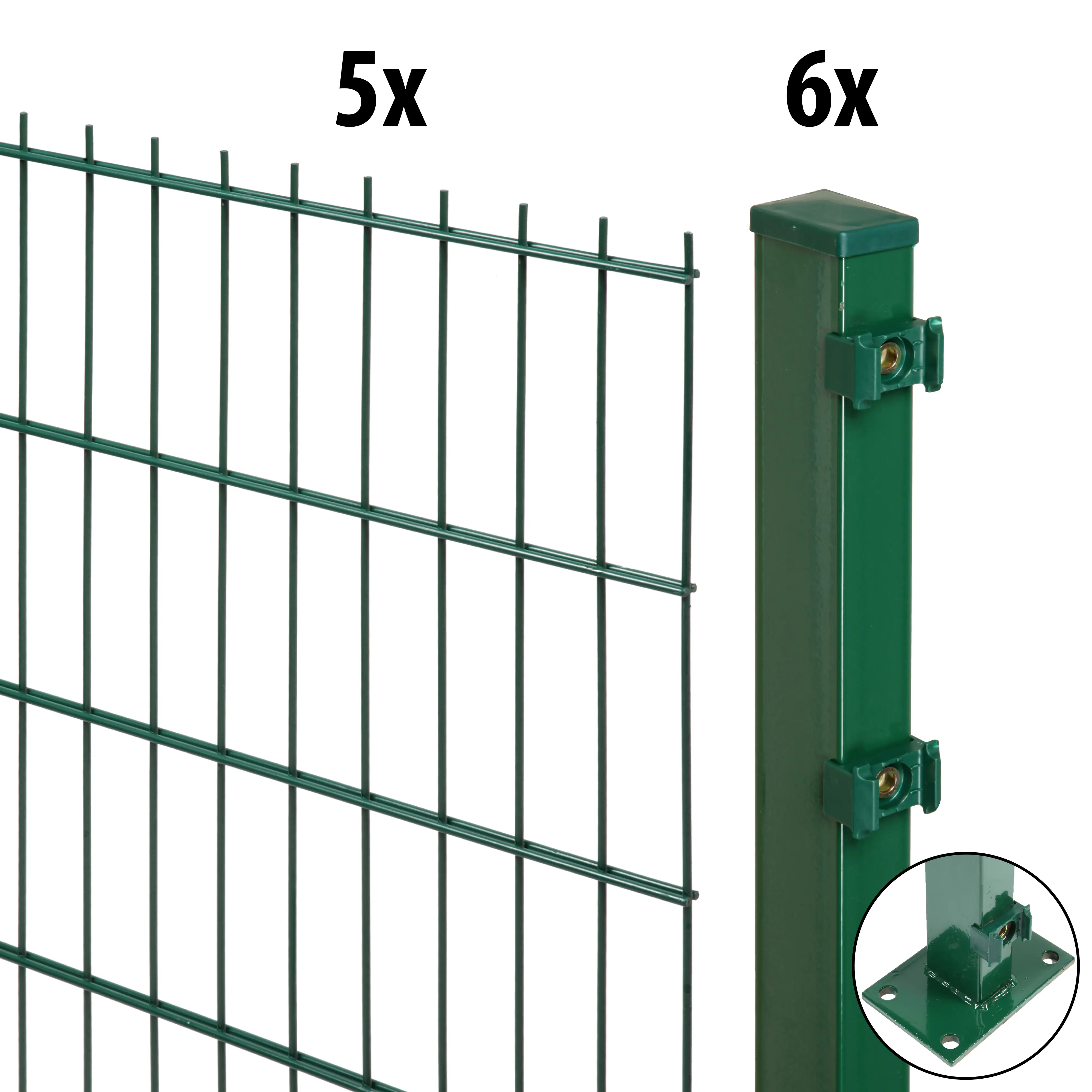 Floraworld Doppelstabmatten-Zaun Set mit Comfort 10 m 201 x 103 cm mit Bodenplatte & 6 Pfosten 109,3 cm moosgrün