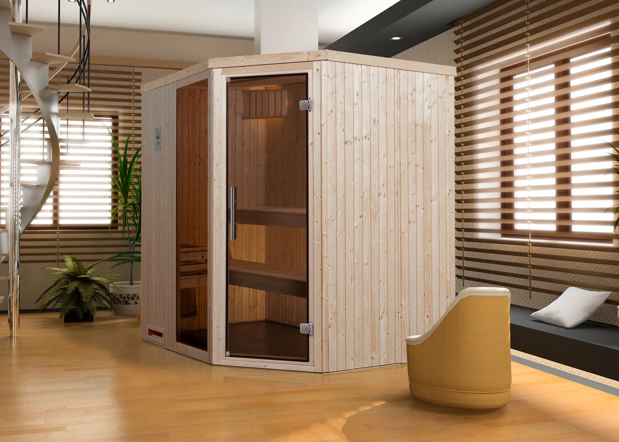Weka Element-Ecksauna Varberg 2 mit Glastür und Fenster