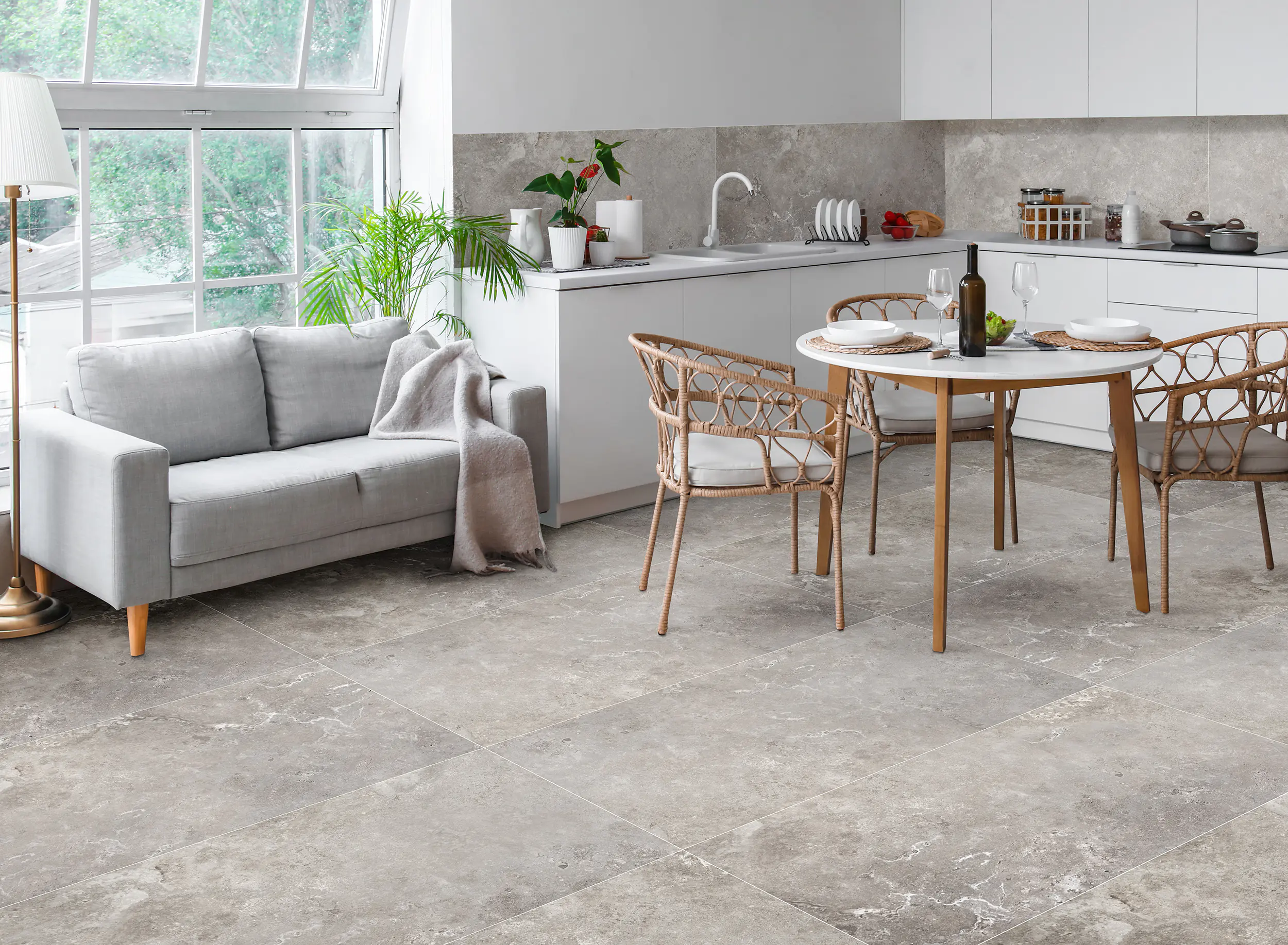 Bodenfliese Feinsteinzeug Travertino 60 x 120 cm grau