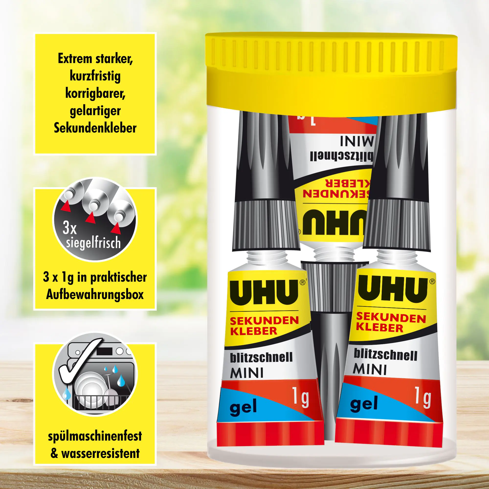 UHU Sekundenkleber blitzschnell Minis 3 x 1 g gel 3 g (3 x 1 g), in der praktischen Box