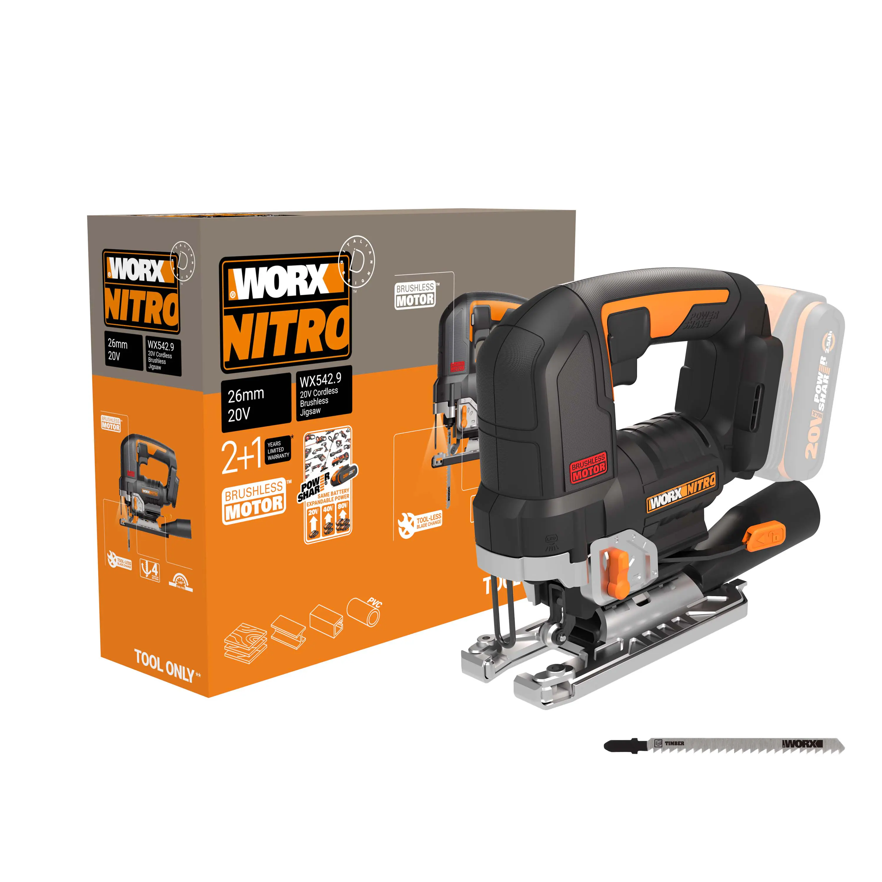 Worx Nitro Akku-Pendelhub-Stichsäge WX542.9 20 V Solo