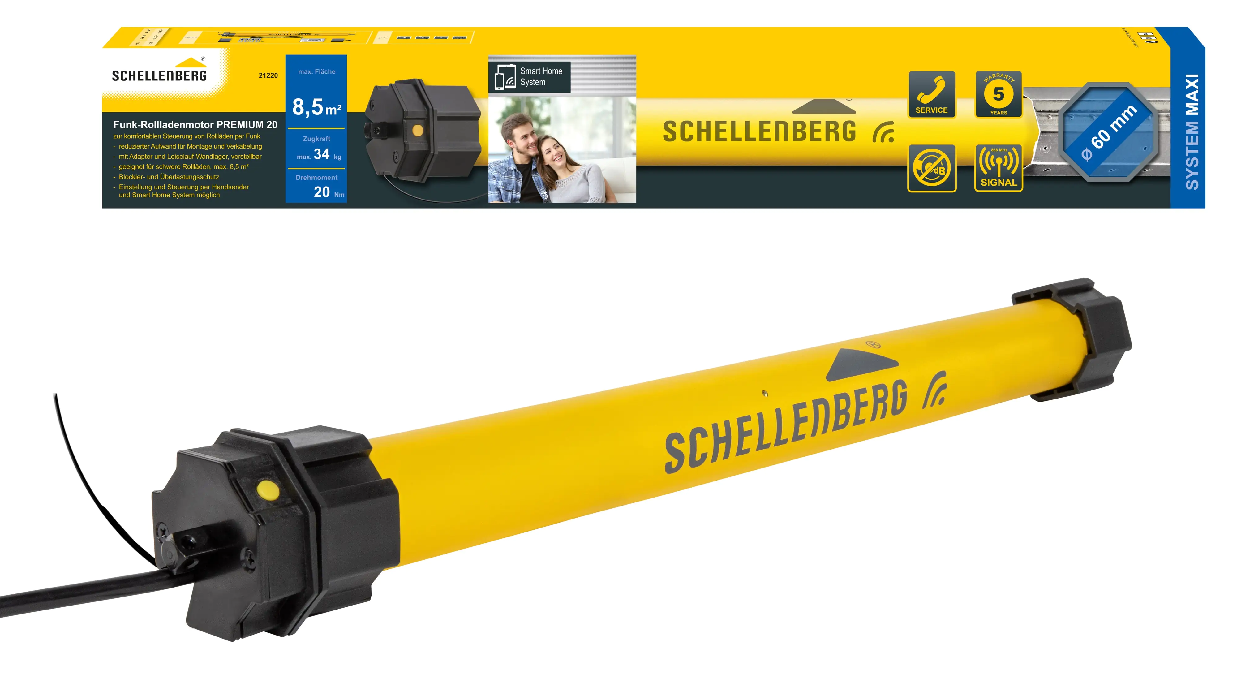 Schellenberg Funk-Rolladenmotor Premium 20 Nm Maxi für 60 mm Achtkantwelle