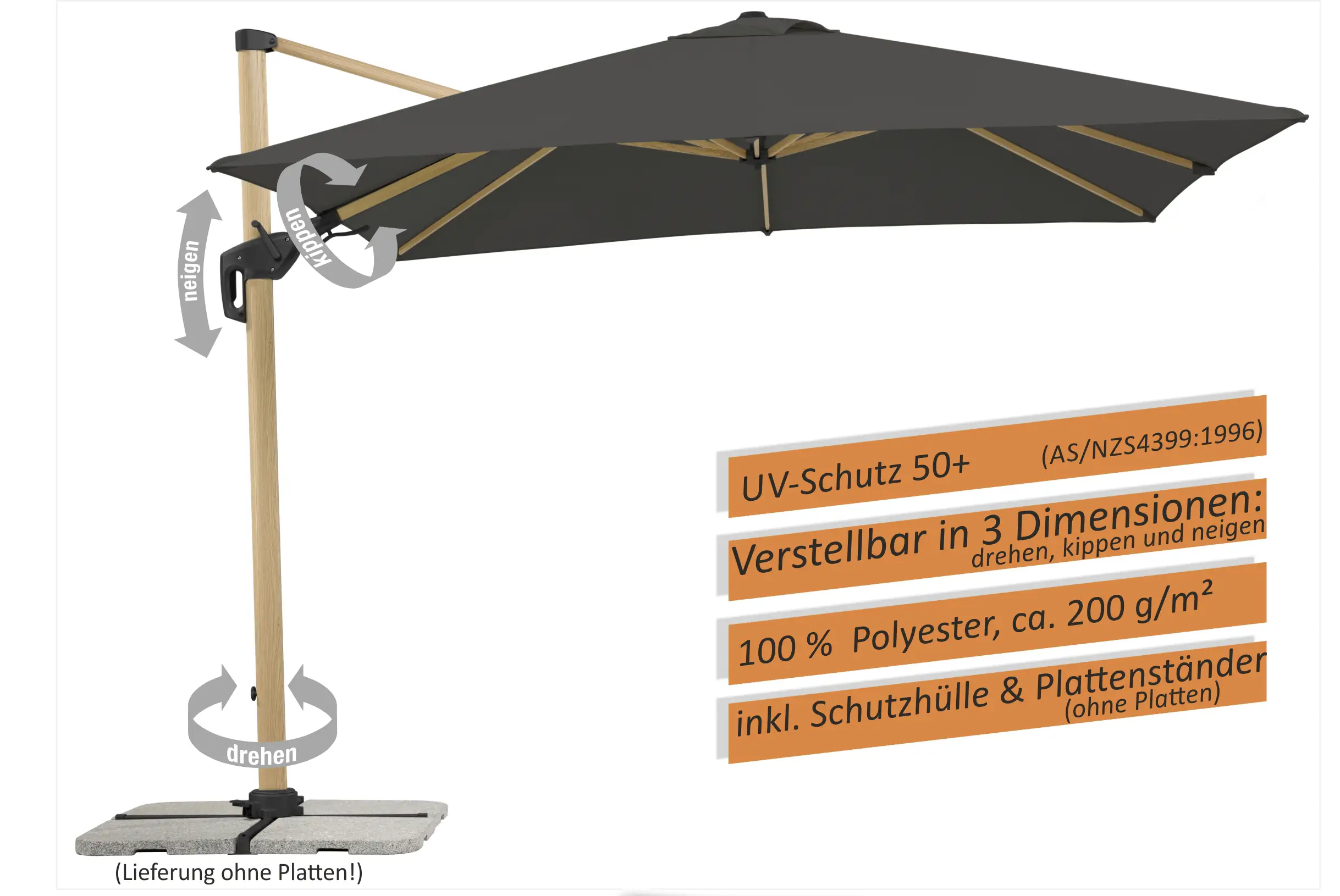 Schneider Sonnenschirm Rhodos Twist Woody anthrazit 300 x 300 cm inkl. Sonnenschirmhülle