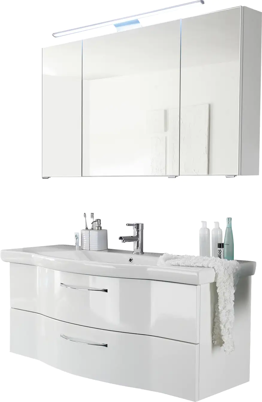 Pelipal Badmöbel-Set 6005 Weiß Hgl mit Mineralmarmor-Waschtisch + LED-Aufsatzleuchte 122 cm