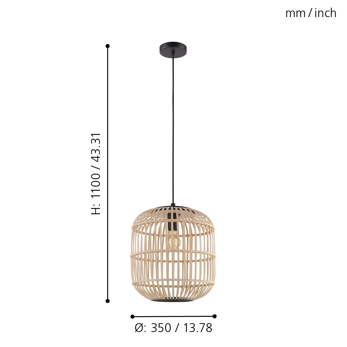 Eglo Pendelleuchte Bordesley schwarz-natur Ø 35 cm E27, max. 60 W