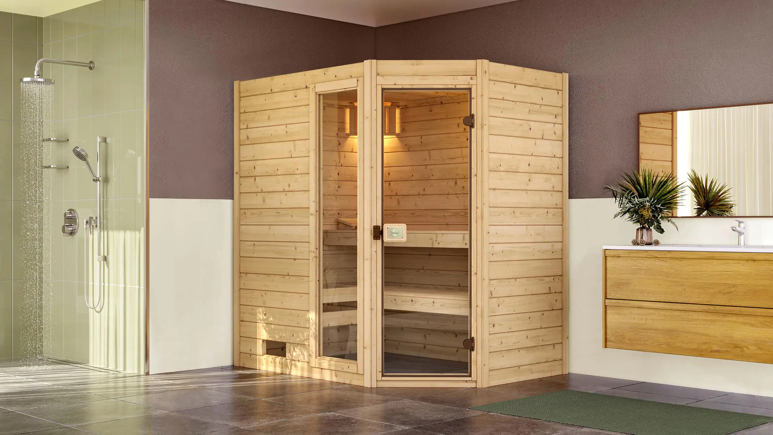 Weka Massivholzsauna Valida Eck 1 Sparset mit Saunaofen