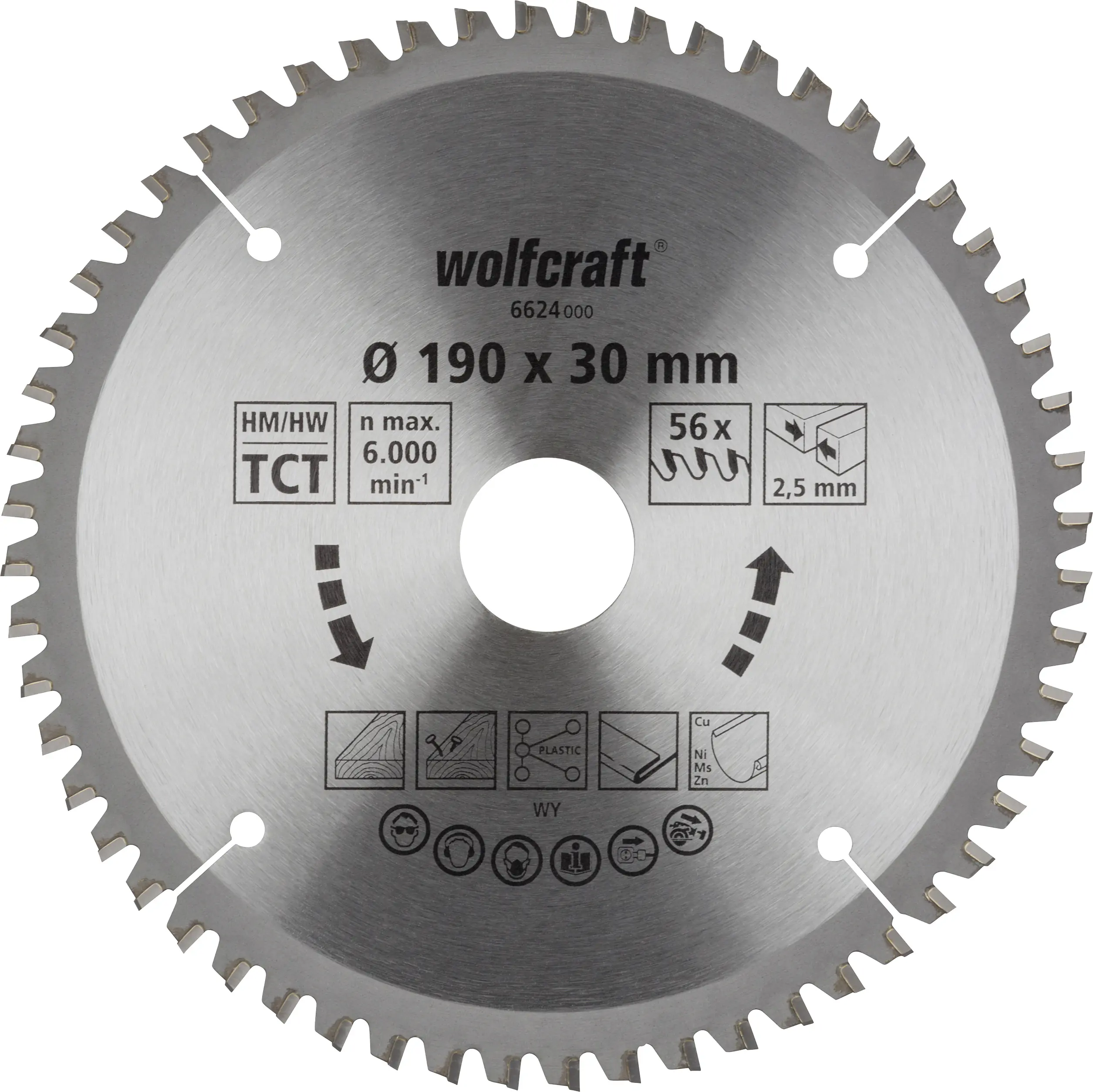 Wolfcraft Kreissägeblatt 190 x 30 mm 56 Zähne Crhrom Vanadium