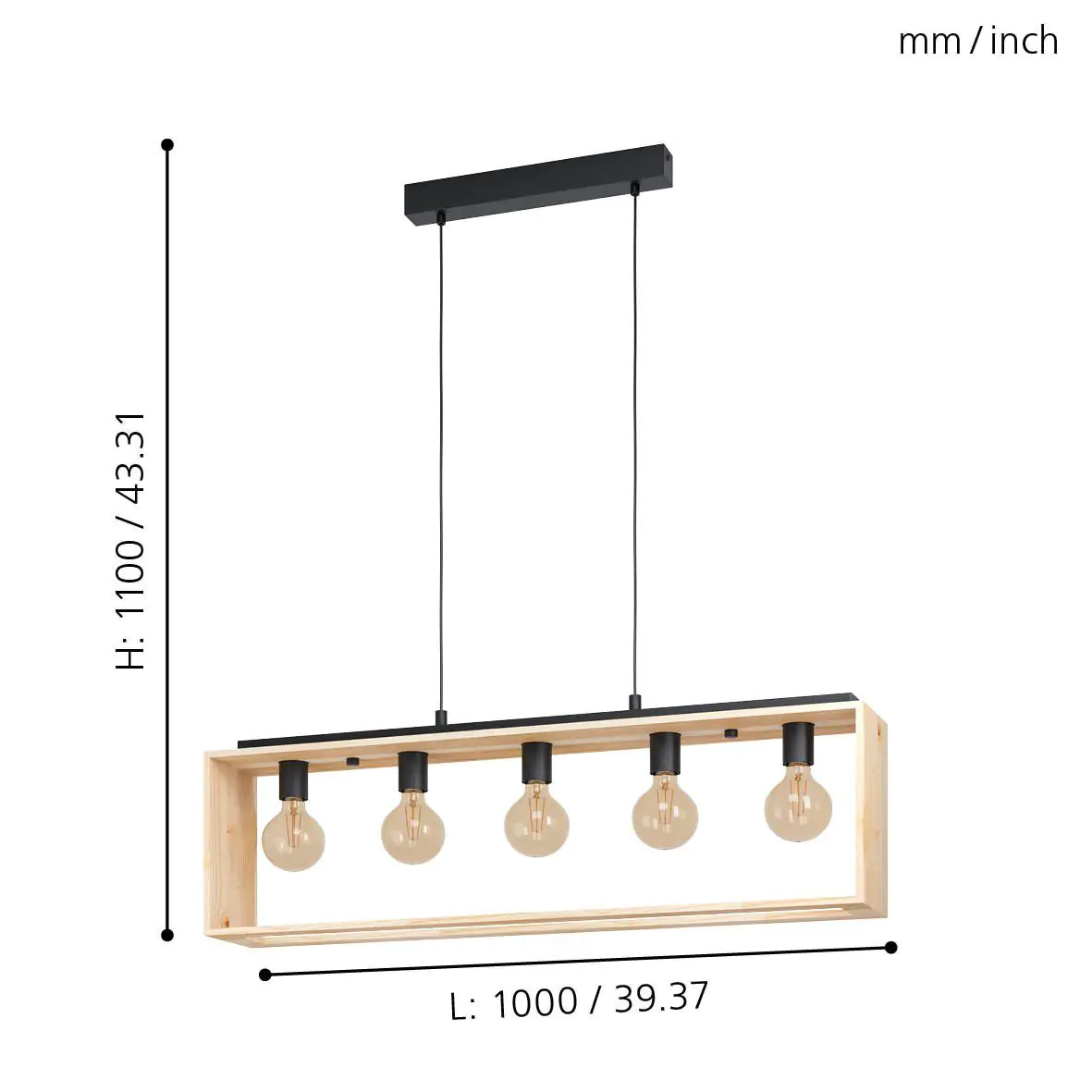 Eglo Pendelleuchte Famborough schwarz-natur 100 x 16 cm 5-flammig E27