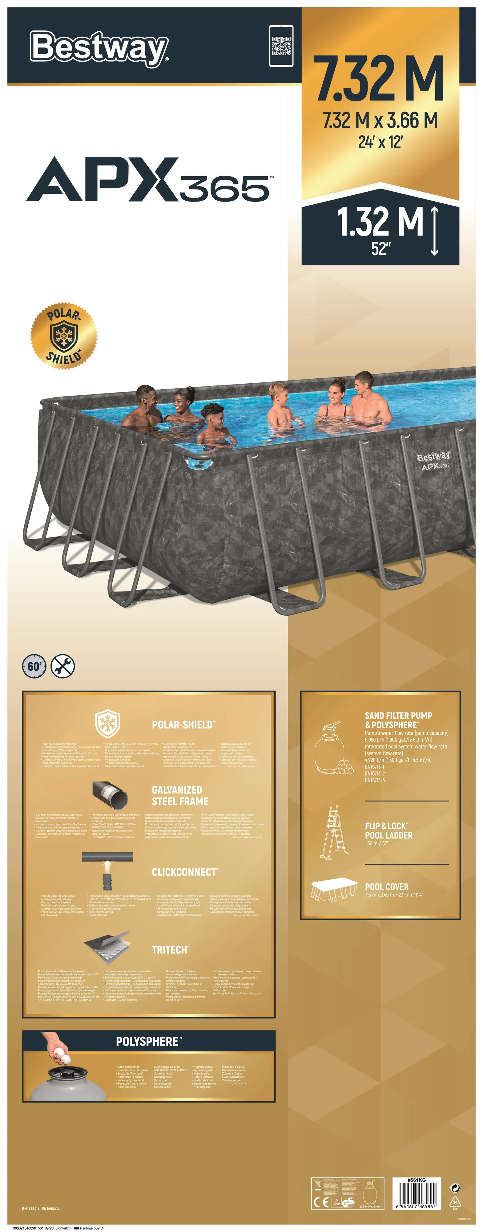 Bestway Winterfestes Frame Pool APX365 Komplett-Set mit Sandfilteranlage 732 x 366 x 132 cm marmor-optik eckig