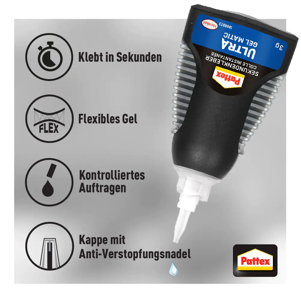 Pattex Sekundenkleber Ultra Gel Matic 3 g Spender, trocknet transparent
