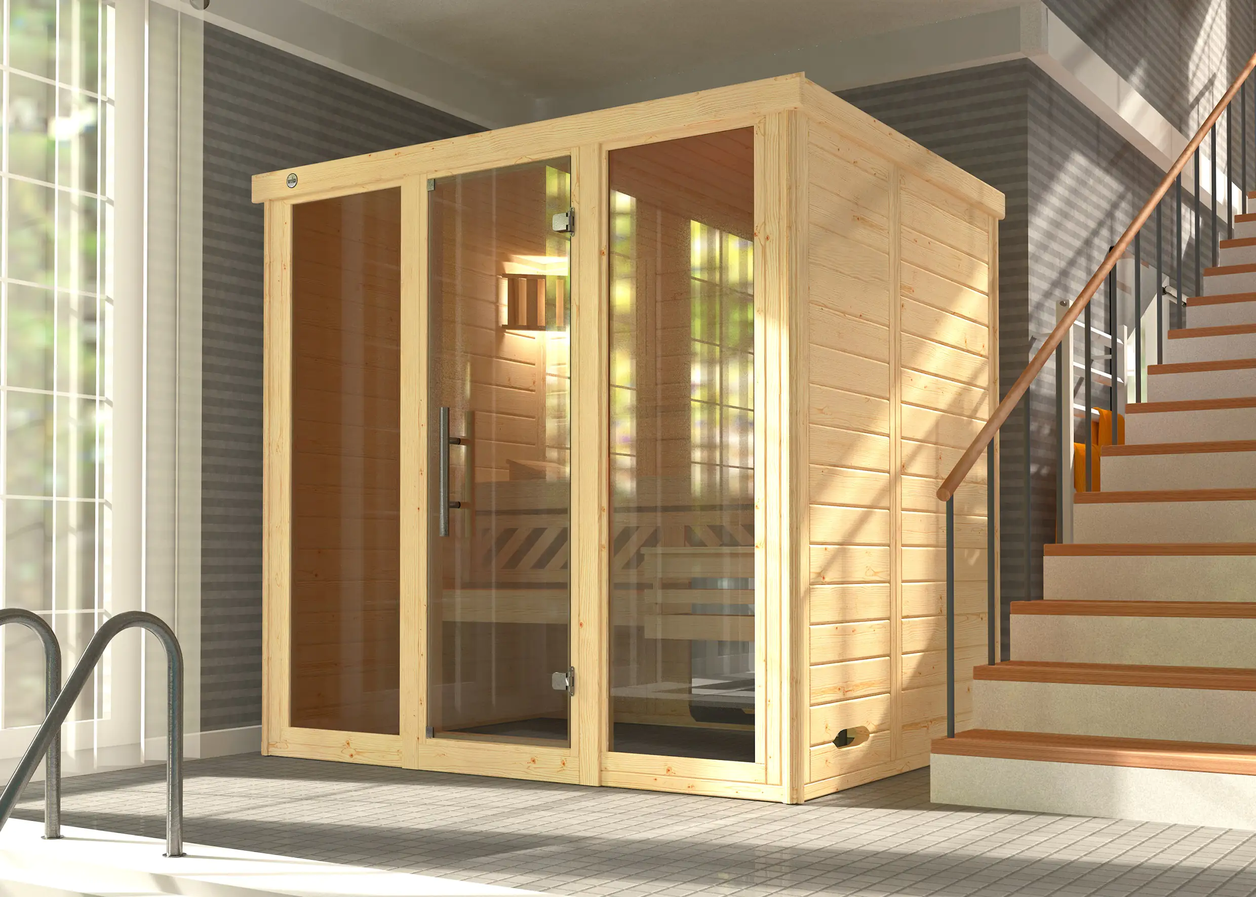 Weka Massivholz-Elementsauna Kemi Panorama 2 mit Glastür, 2 Fenstern und Saunaofen