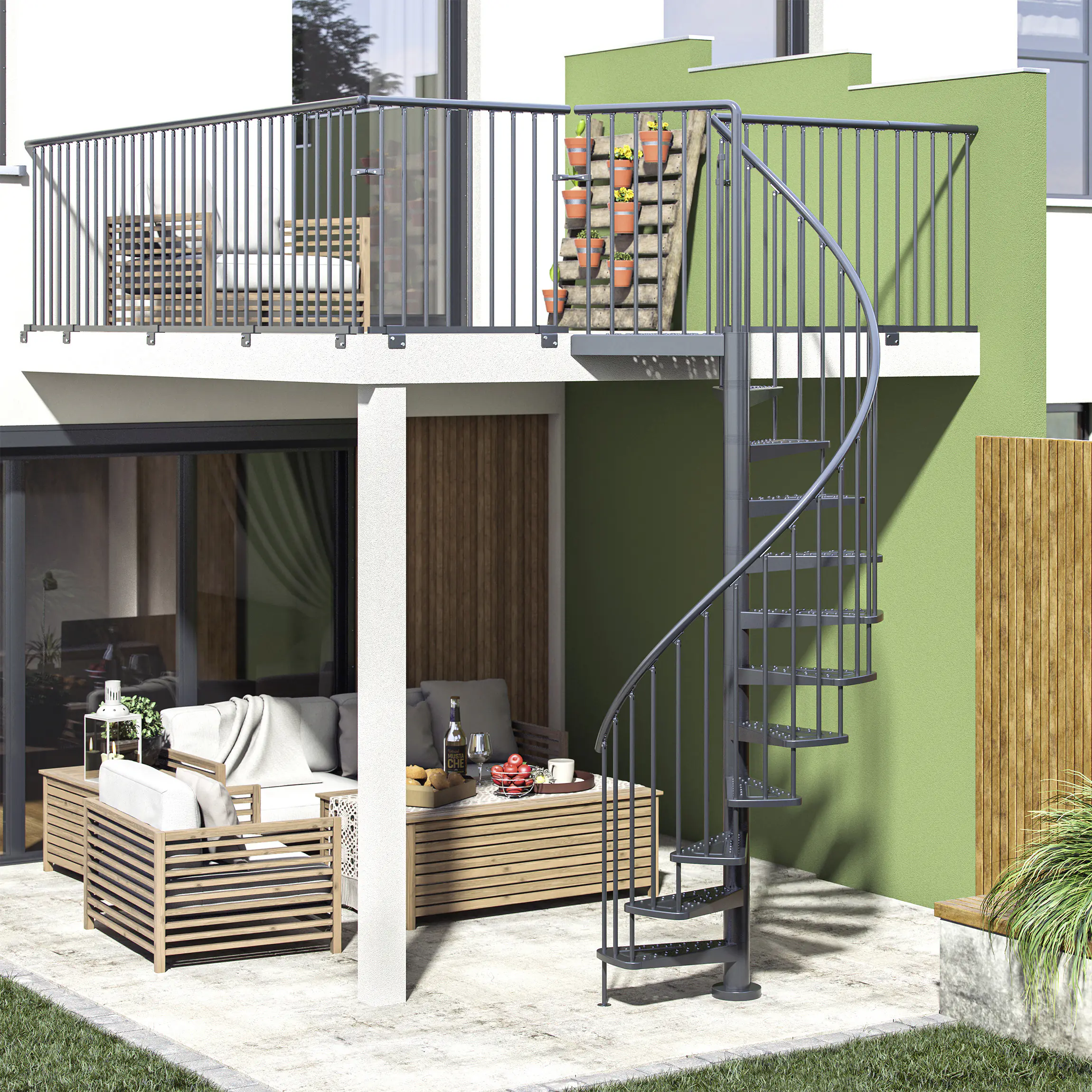 Dolle Außenspindeltreppe Gardenspin komplett 11 Stufen Ø 155 cm mit Metallstufen anthrazit