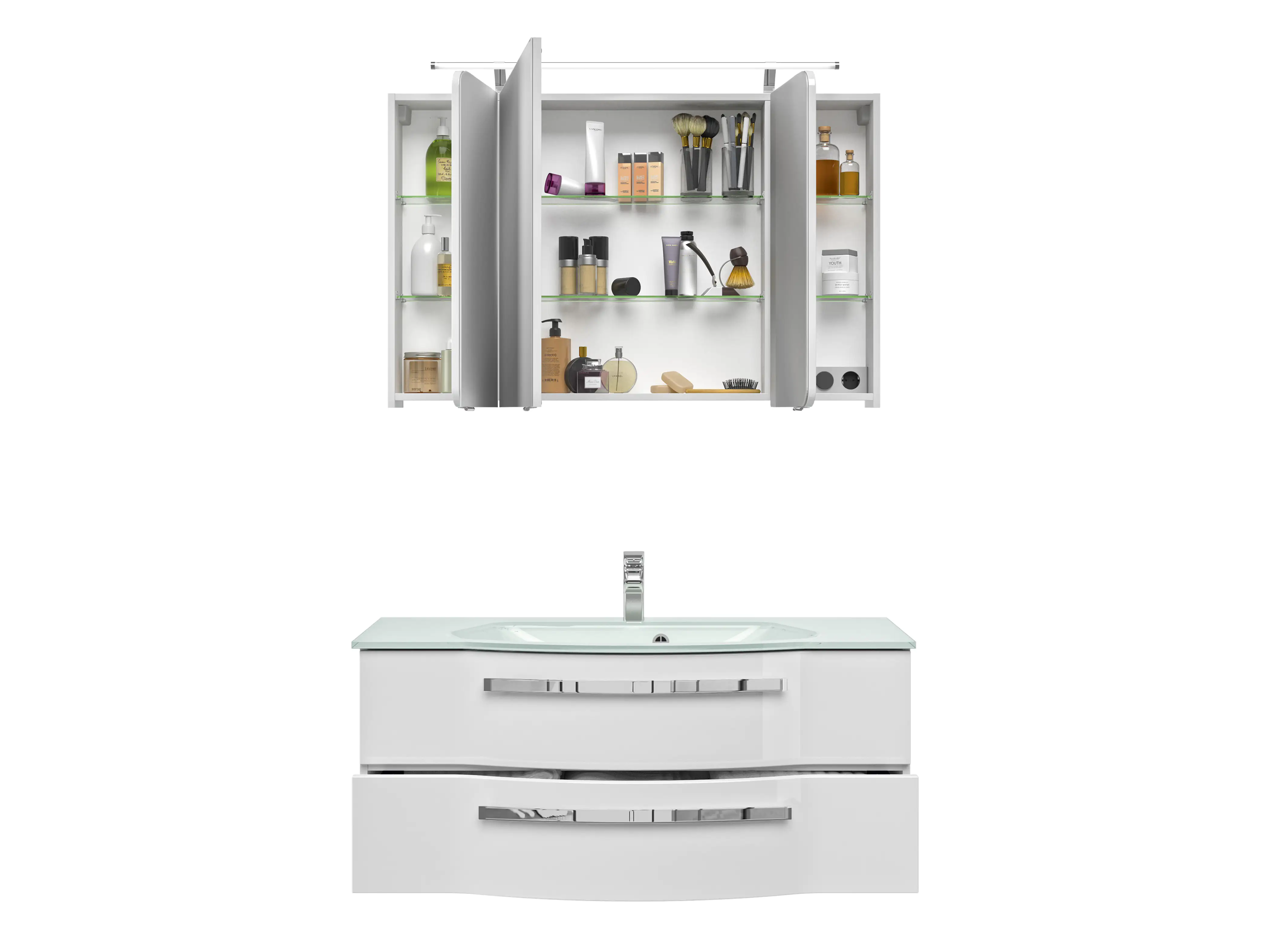 Pelipal Badmöbel-Set 4005 Lack polarweiß Hgl mit Glas-Waschtisch + LED-Leuchte 120 cm