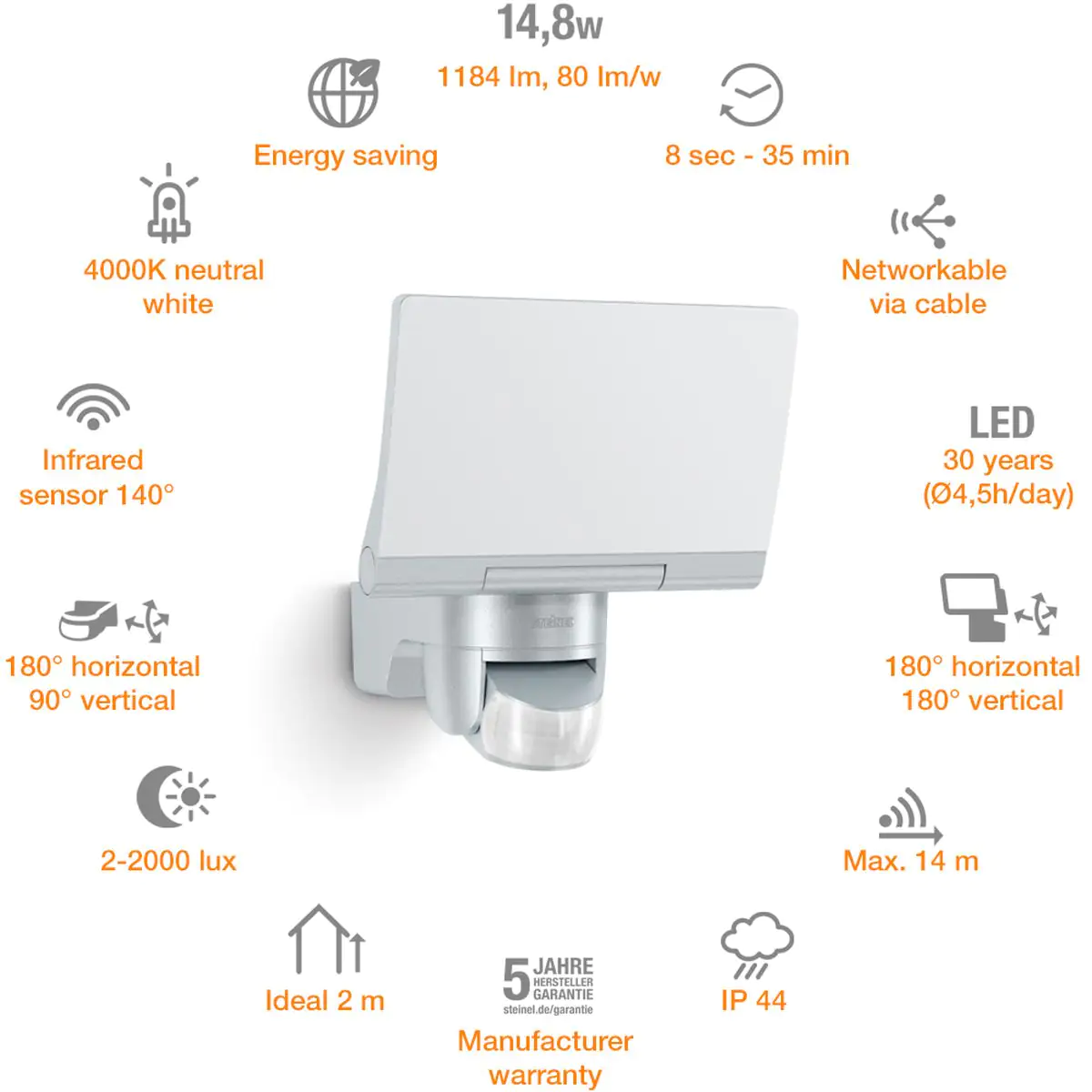Steinel Strahler XLED Home 2 S Silber mit Bewegungsmelder, Sensor