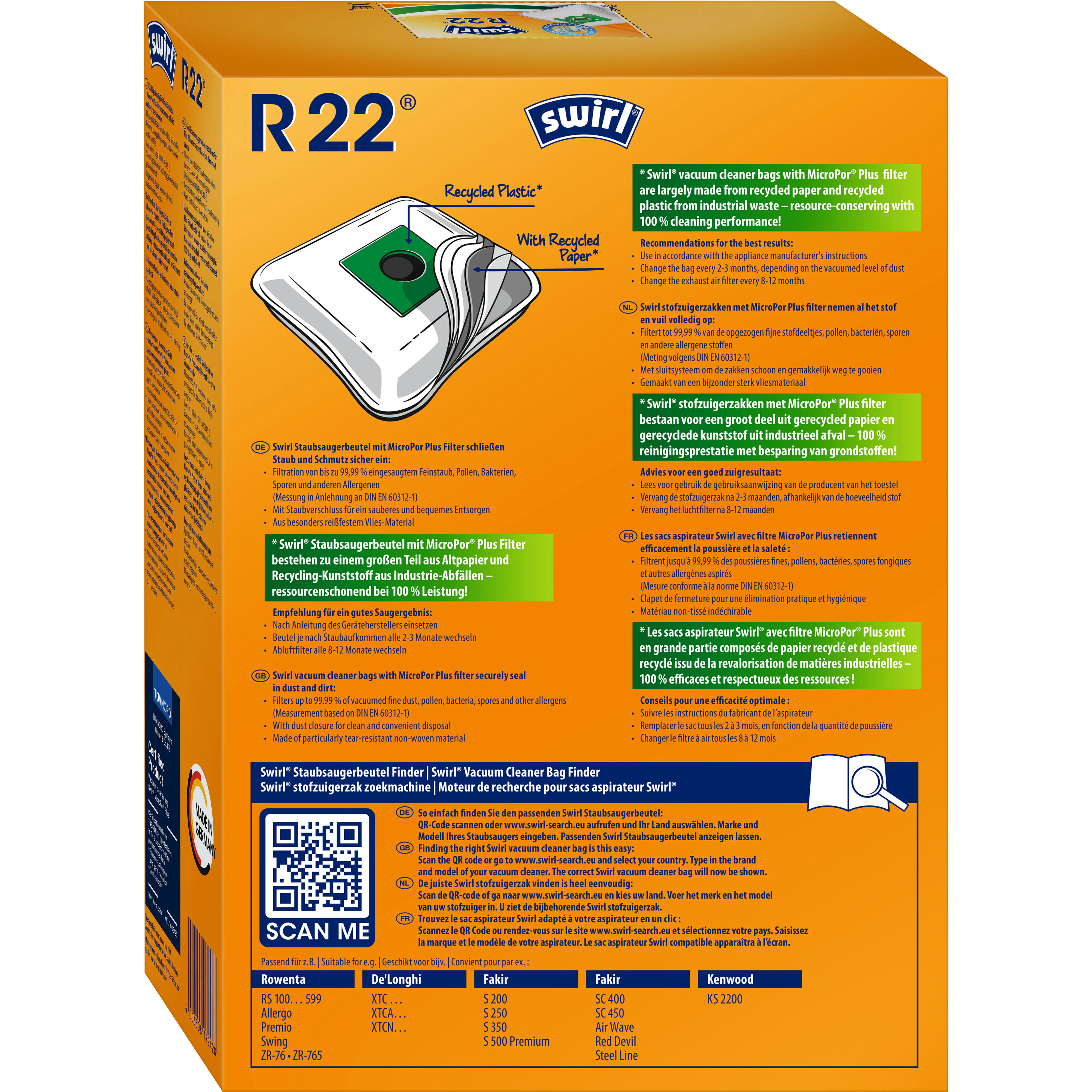 Swirl R 22 EcoPor Staubsaugerbeutel 4 Staubbeutel + 1 Filter