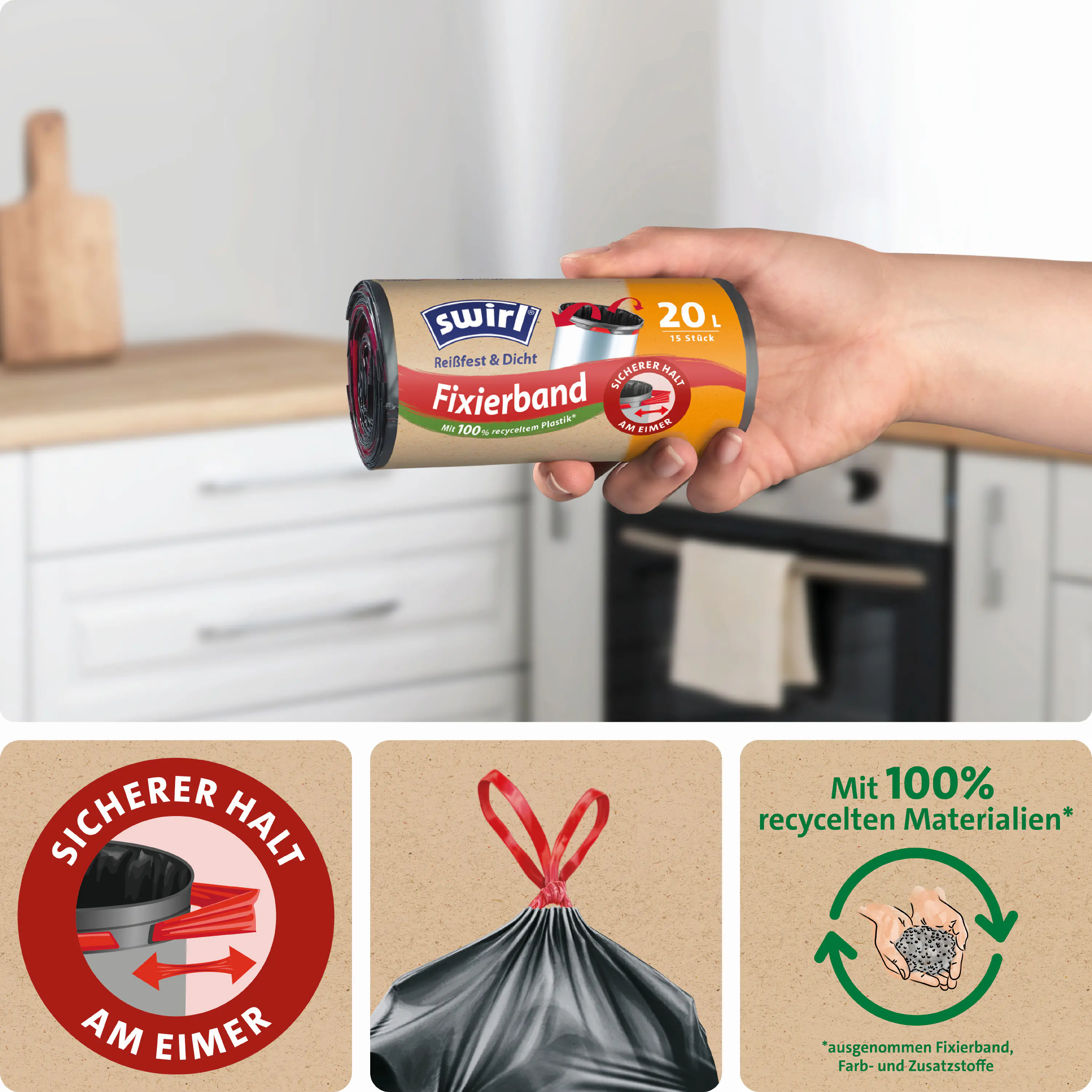 Swirl® Fixierband-Müllbeutel 20 L Reißfest & Dicht