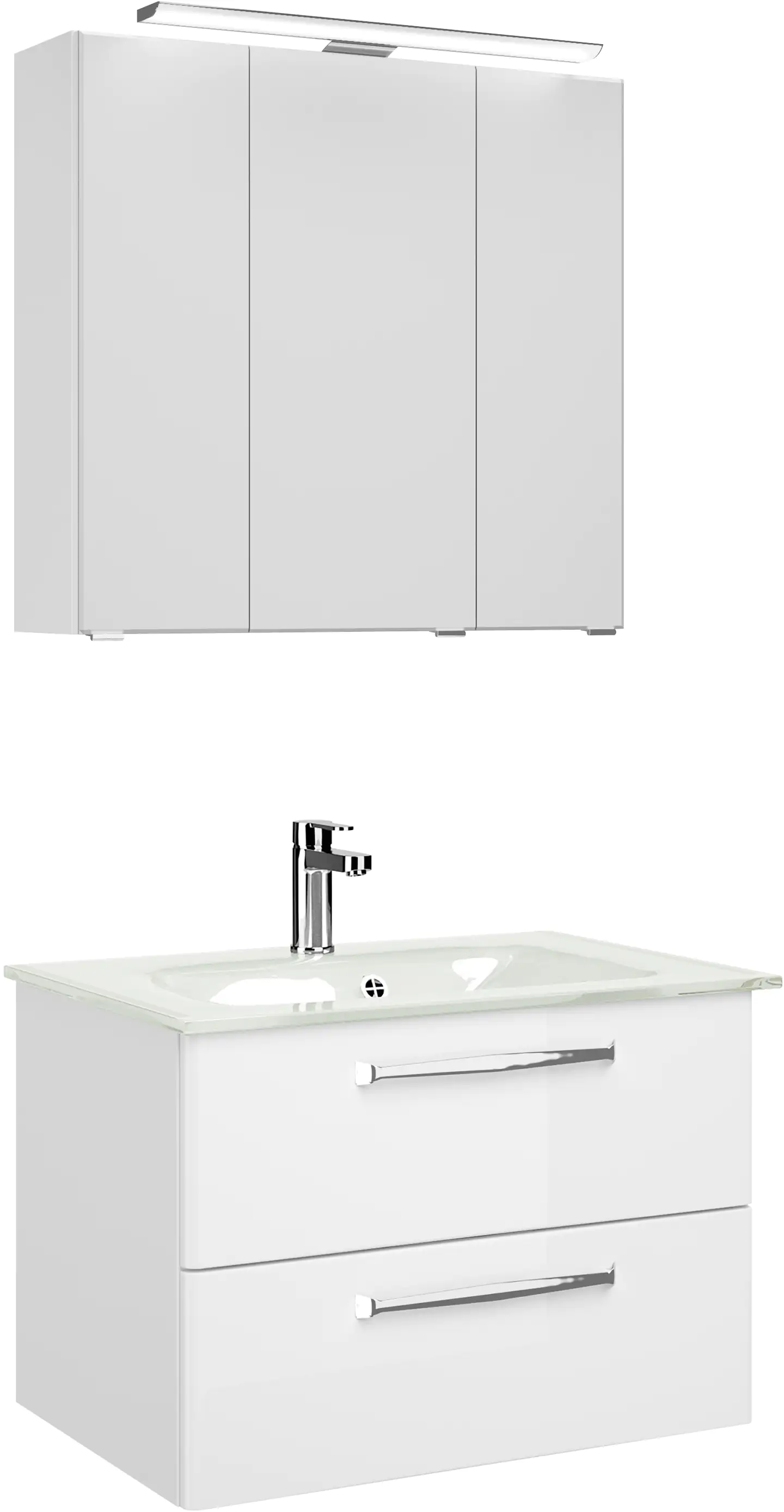 Pelipal Badmöbel-Set Trentino Weiß Hgl/Weiß Glanz mit Glas-Waschtisch + LED-Aufsatzleuchte 77 cm