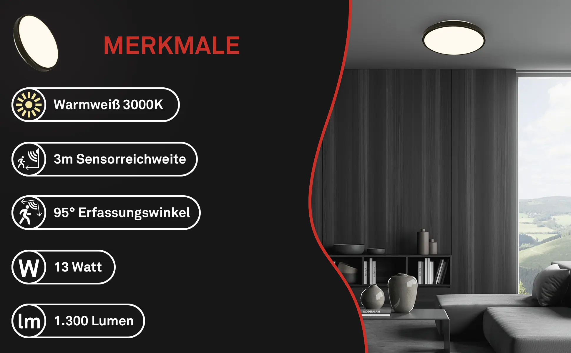 Briloner LED-Deckenleuchte Walk mit Bewegungsmelder Ø 29 x 6,5 cm warmweiß schwarz